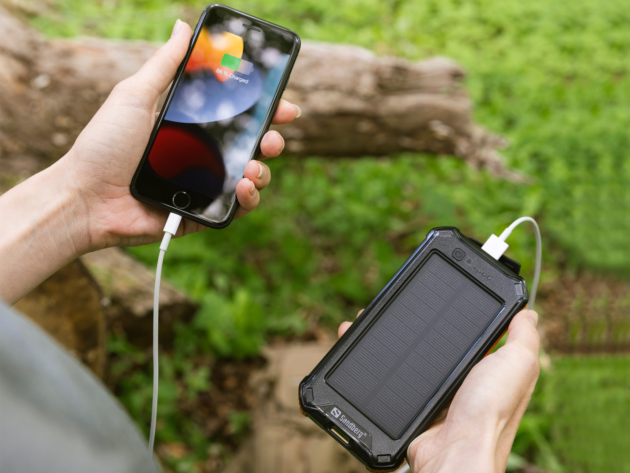 Un telefono si ricarica da un caricabatterie solare. Il telefono mostra il 56% di carica. Lo sfondo è un fogliame verde sfocato.