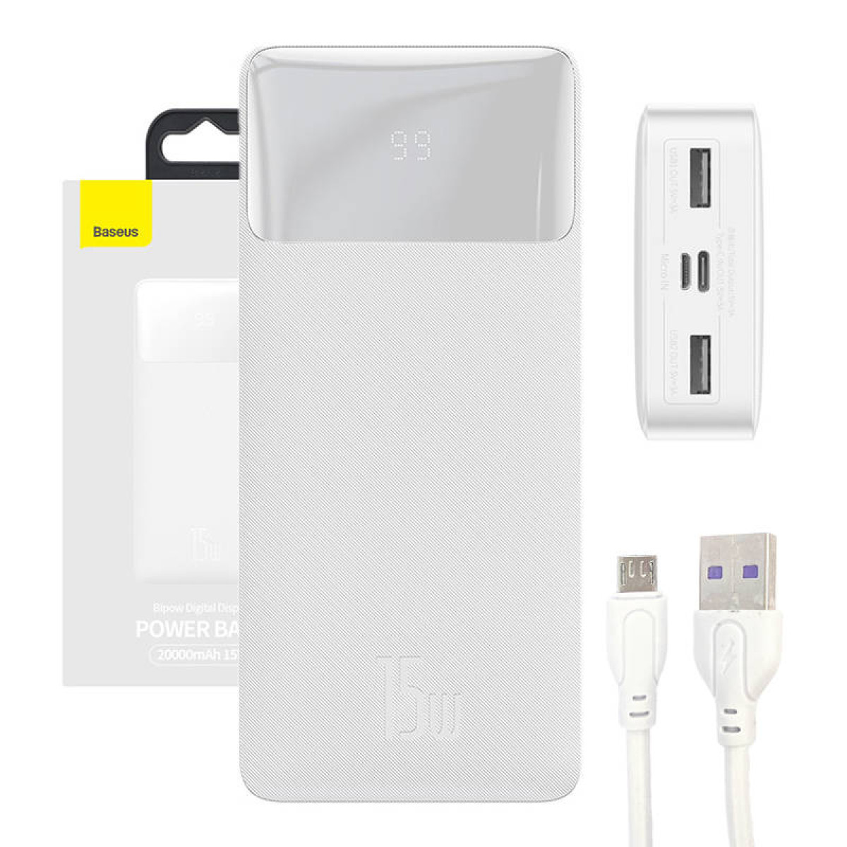 Un power bank bianco con display 99%, una scatola e due cavi USB. Il power bank ha porte USB.
