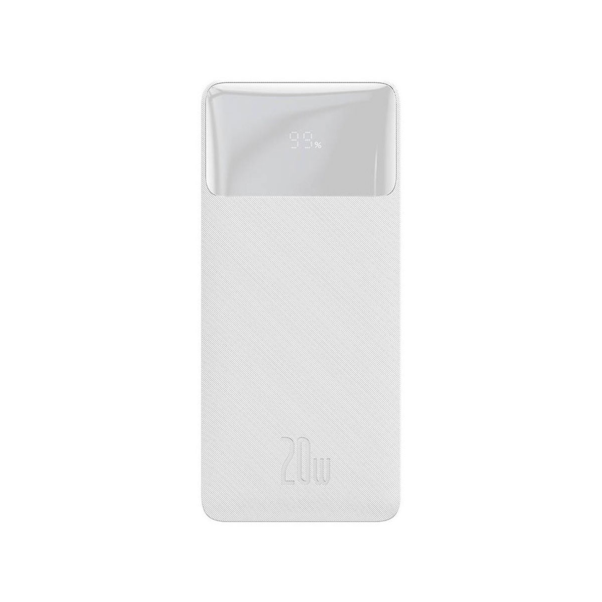 Un power bank bianco mostra la carica al 99%. La parte inferiore ha stampato 20W. È bianco.