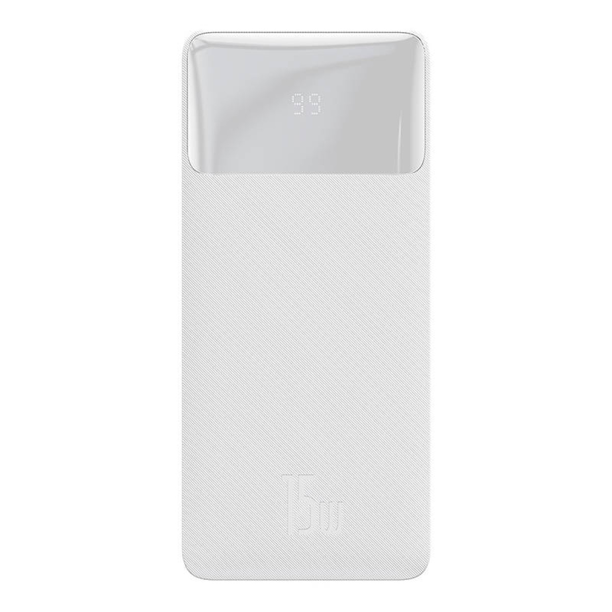 Un power bank bianco con display digitale '99'. In basso '15w'. La superficie ha un design strutturato.