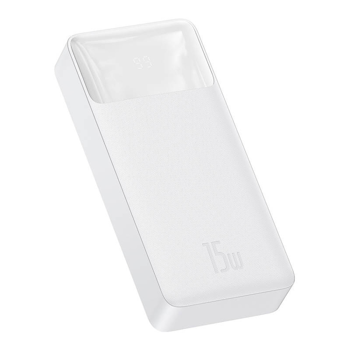 Un power bank bianco con display digitale che mostra 99% e 15W. È angolato su sfondo bianco.