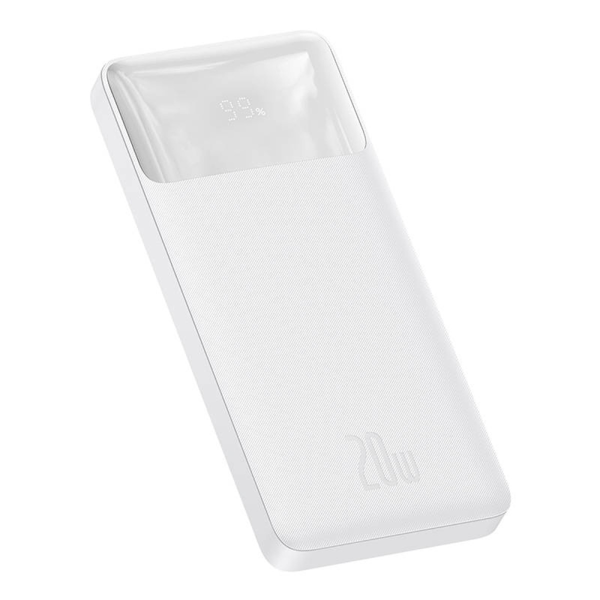 Un power bank bianco con display digitale che mostra il 99%. Ha un'indicazione di 20W in basso. Il dispositivo è rettangolare.