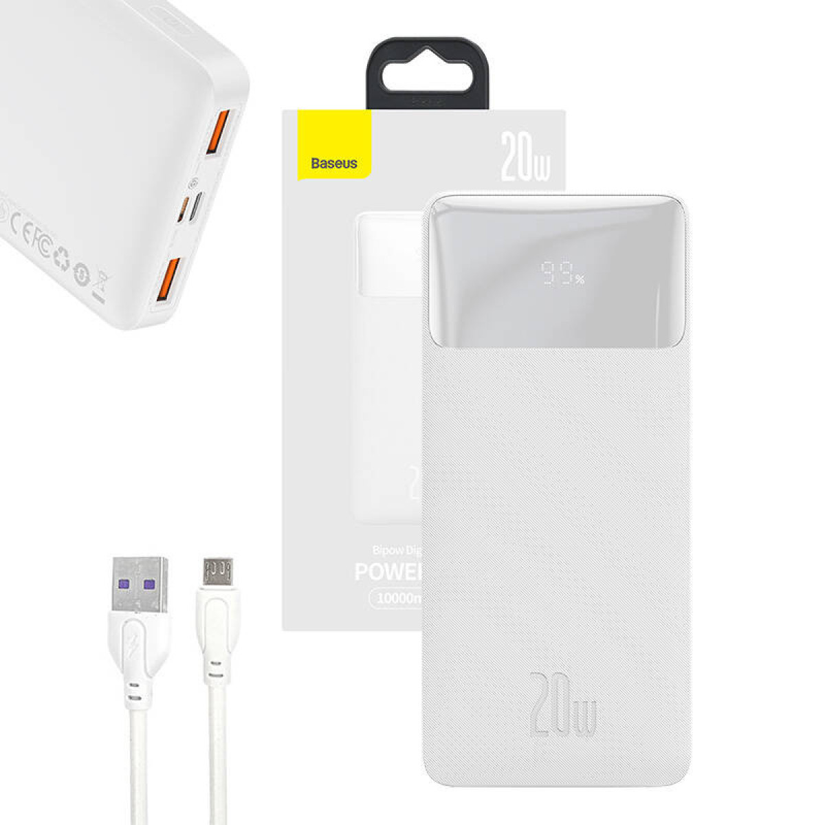 Power bank Baseus bianca con display digitale che mostra il 99%. Include un cavo USB e la scatola del prodotto.