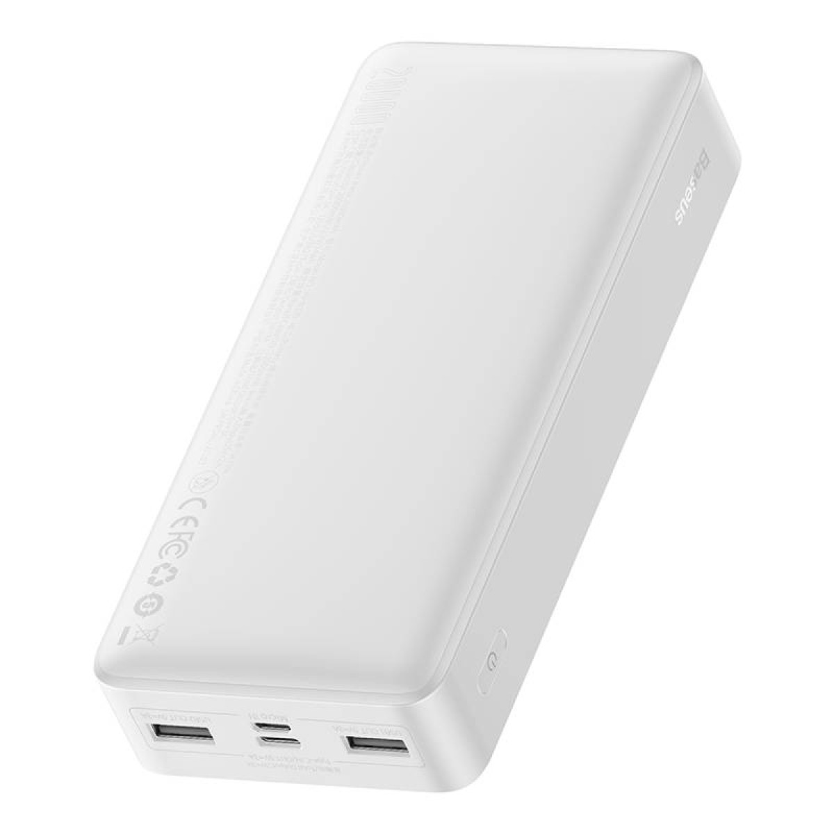 Un power bank Baseus bianco. Ha una superficie liscia con porte in basso e il nome del marchio sul lato. Lo sfondo è bianco.