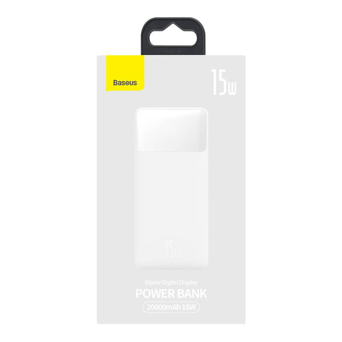 Una scatola bianca per power bank Baseus. Ha una maniglia nera. Il testo sulla scatola dice 'POWER BANK' e '20000mAh 15W'.