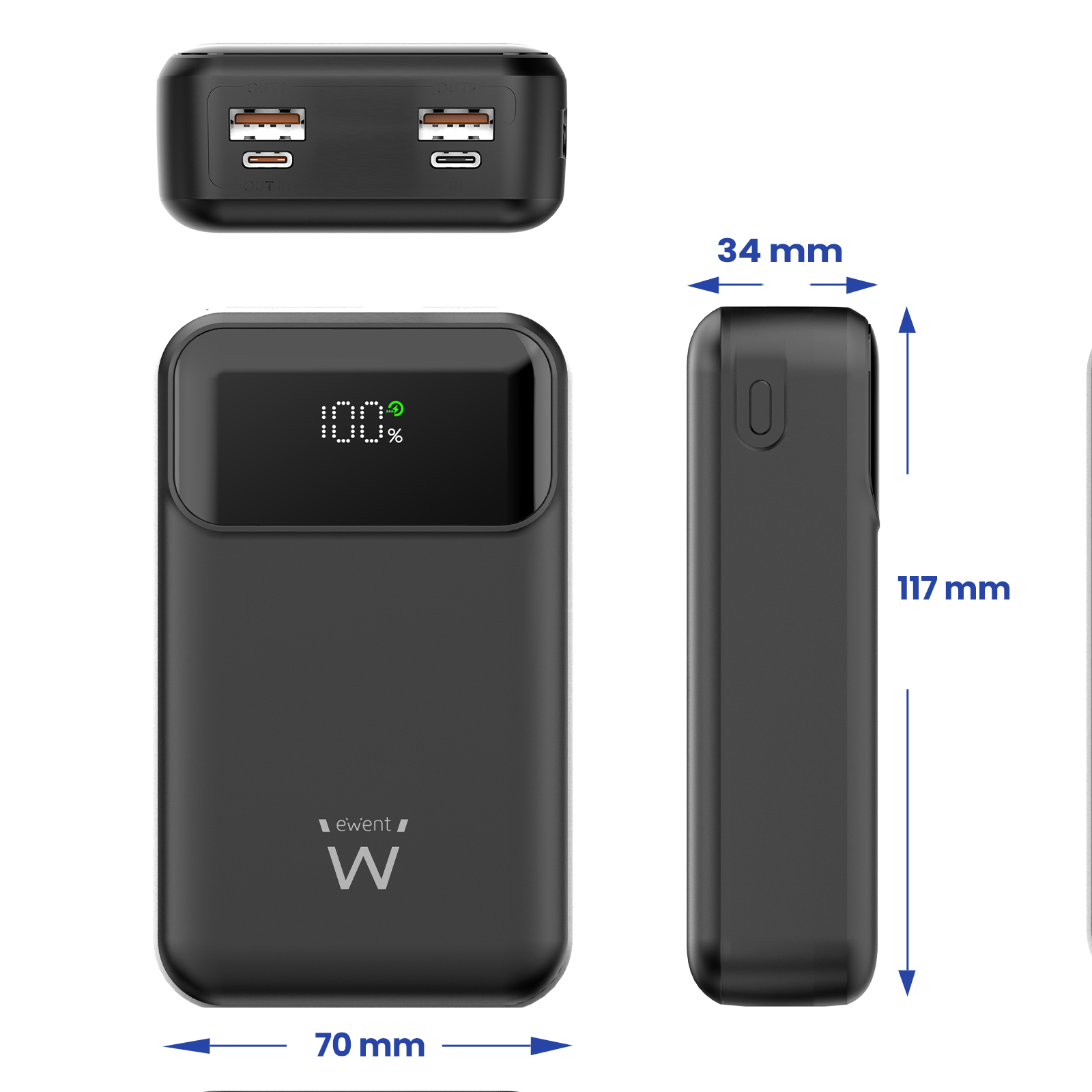 Power bank nera con display digitale che mostra il 100%. Dimensioni indicate. Porte USB visibili.