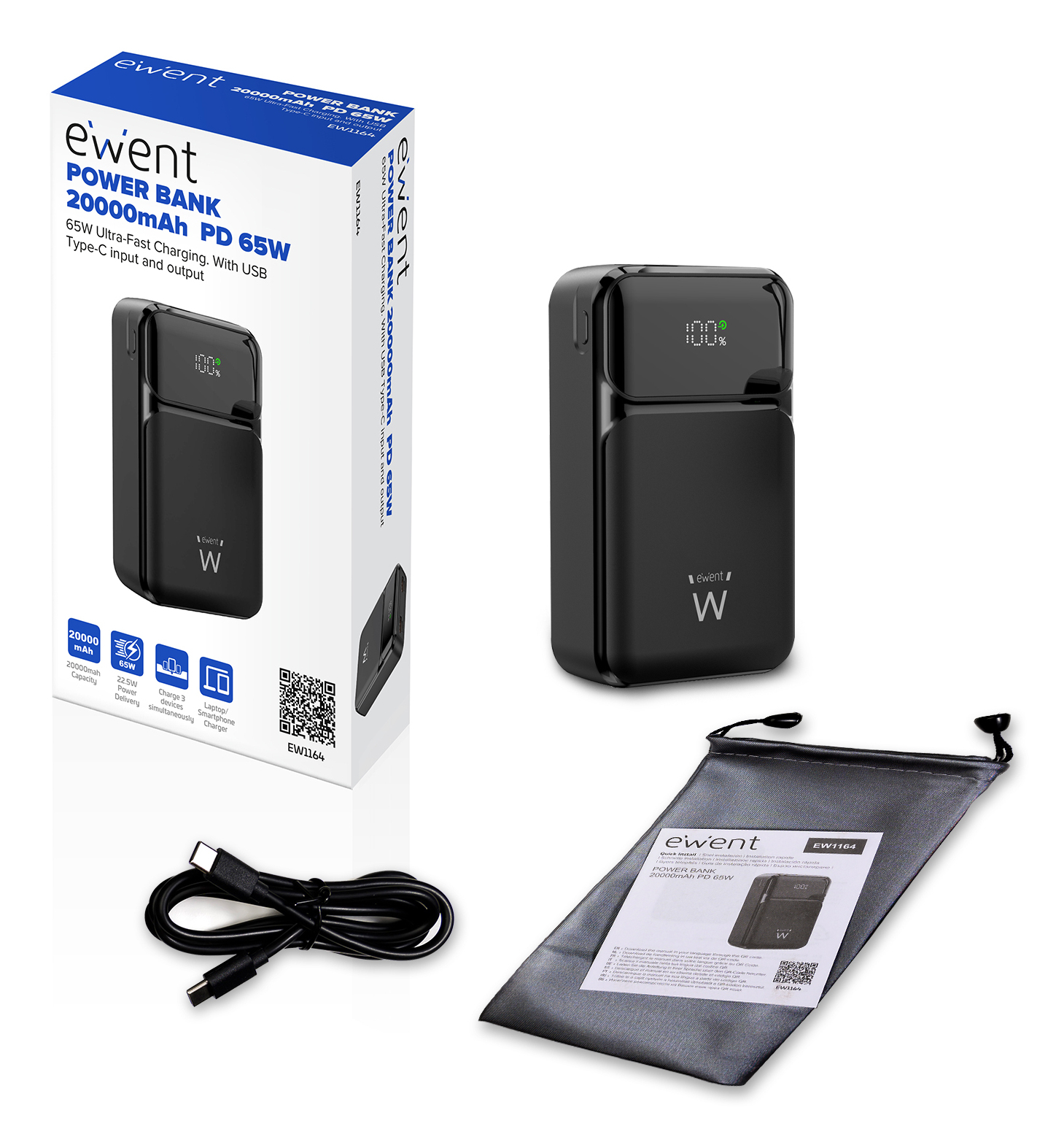Power bank nero con display, cavo di ricarica, borsa e confezione. Il power bank ha il logo 'ewent'.