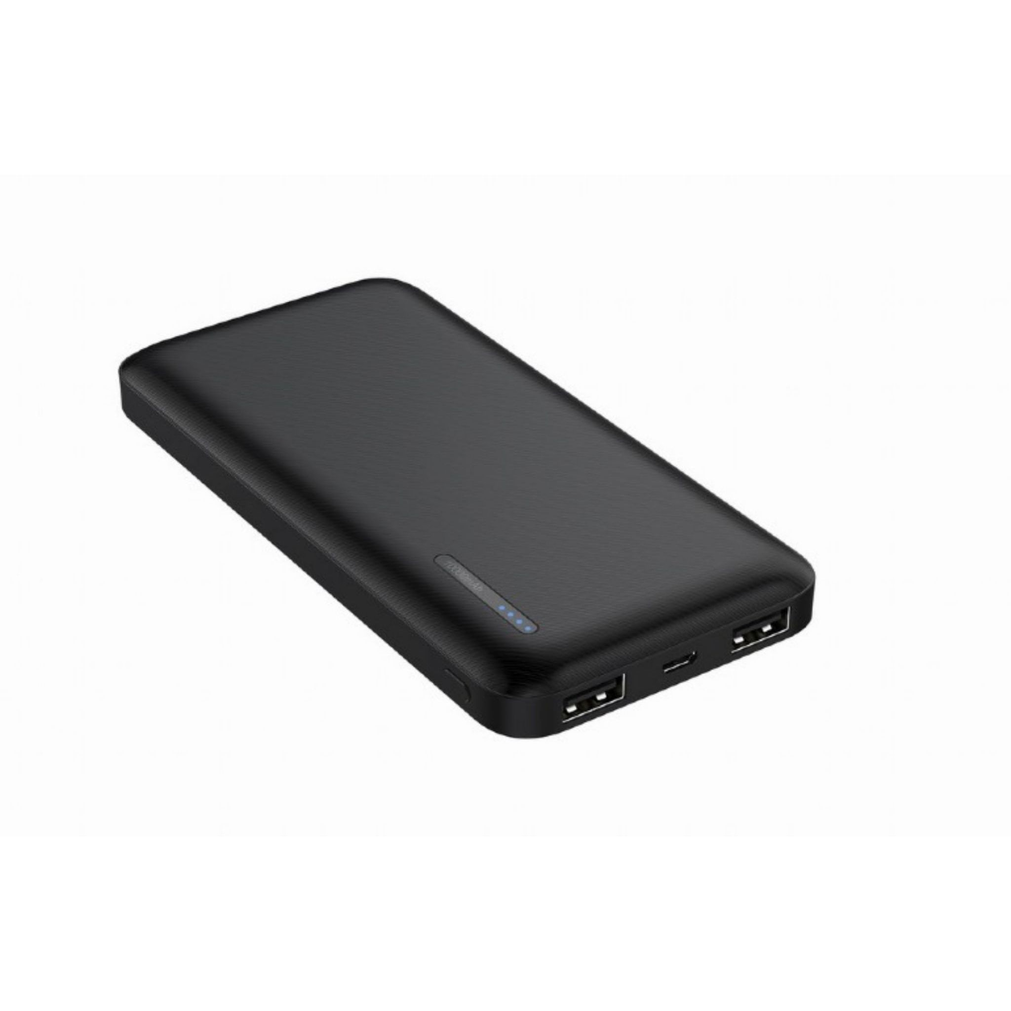 Un power bank rettangolare nero con porte USB. Ha un indicatore di alimentazione e si trova su uno sfondo bianco.