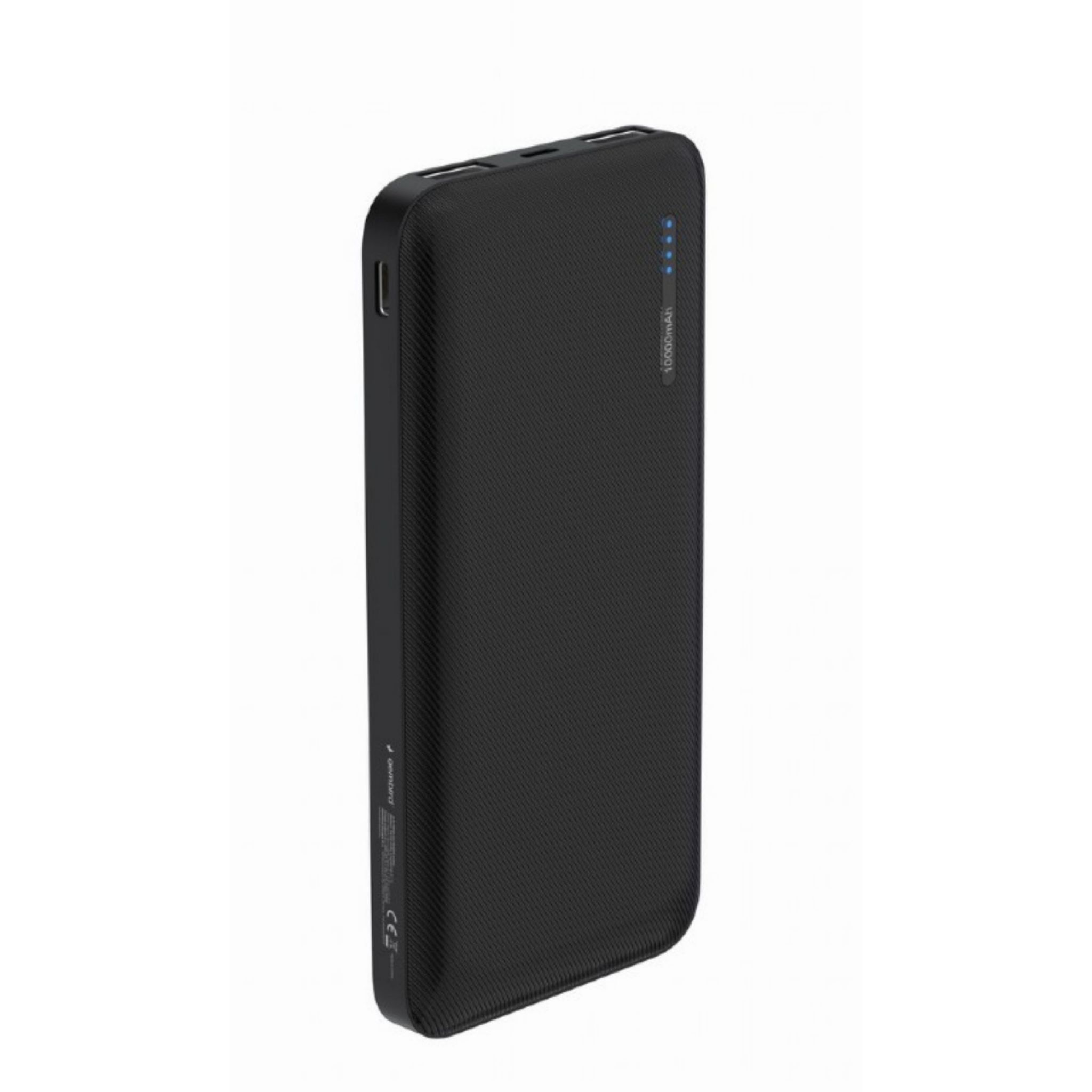 Power bank nera con superficie testurizzata. Ha un indicatore di alimentazione ed etichetta 10000mAh. Lo sfondo è bianco.