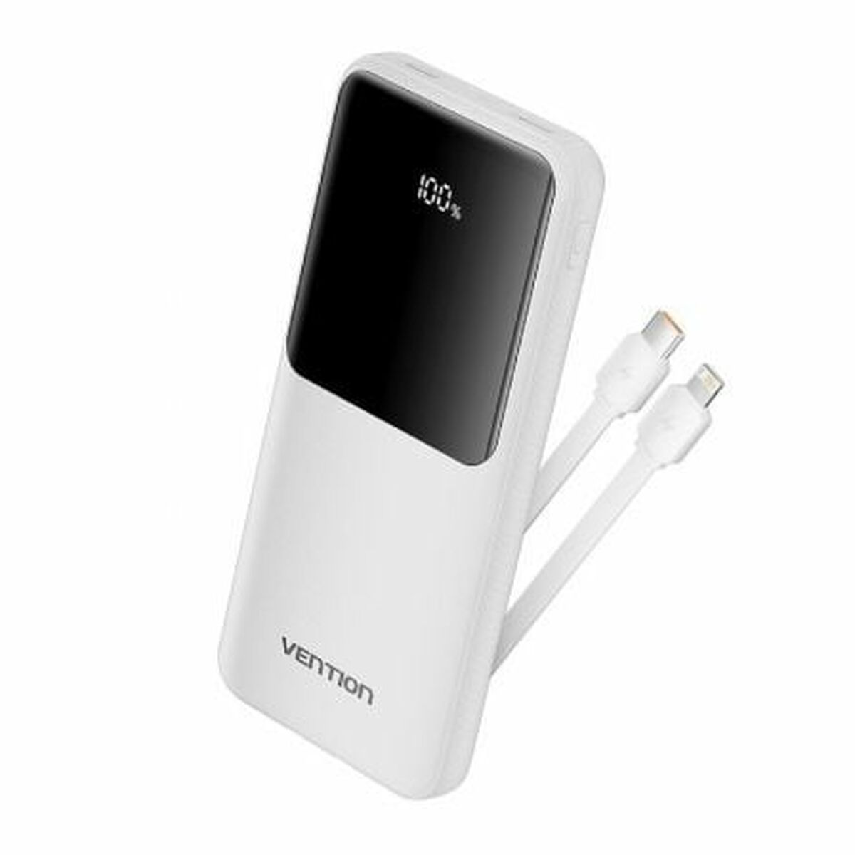 Un power bank Vention bianco con uno schermo nero che mostra il 100%. Due cavi di ricarica bianchi sono collegati.