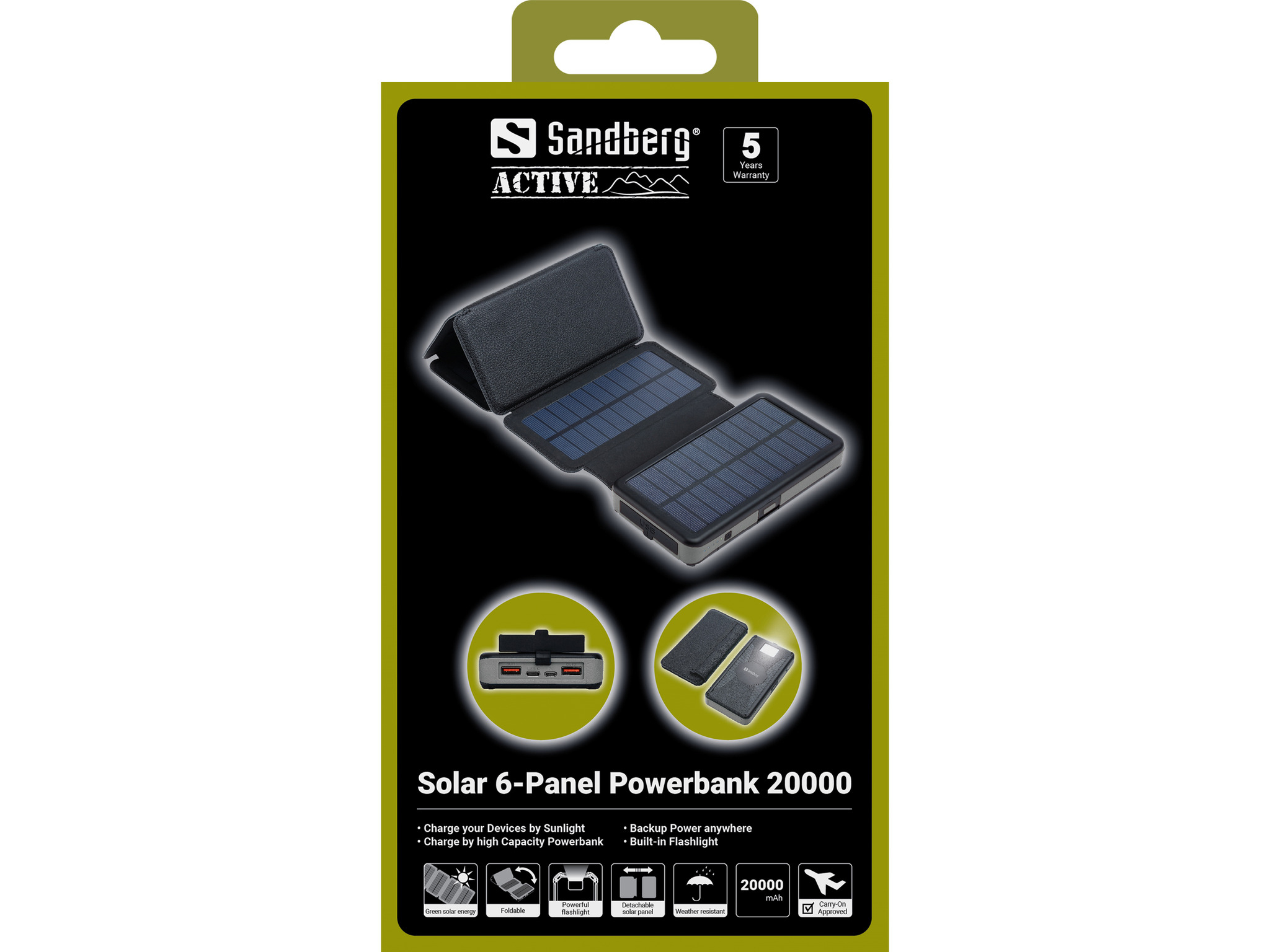 Een Sandberg Active Solar 6-Panel Powerbank 20000 verpakking. Het toont het product met open zonnepanelen en productkenmerken.