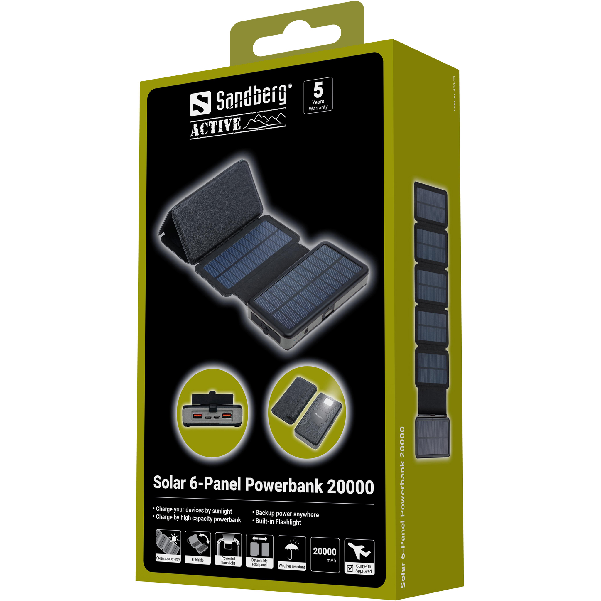 Een doos toont een zonne-powerbank. De powerbank heeft opvouwbare zonnepanelen. Het heeft een zwart-groen kleurenschema.