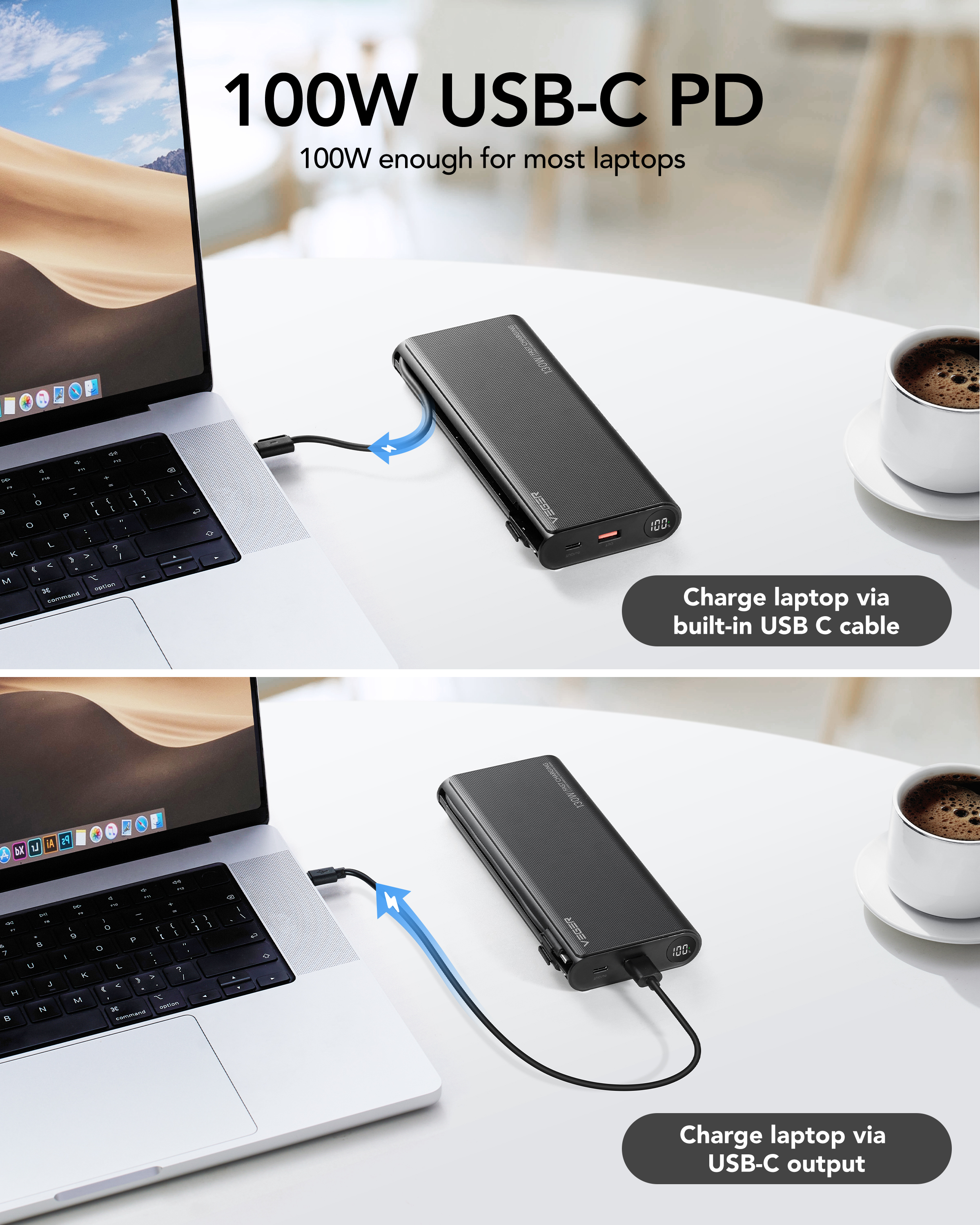 Laptop in carica con power bank nero tramite cavo USB-C. Tazza di caffè visibile.