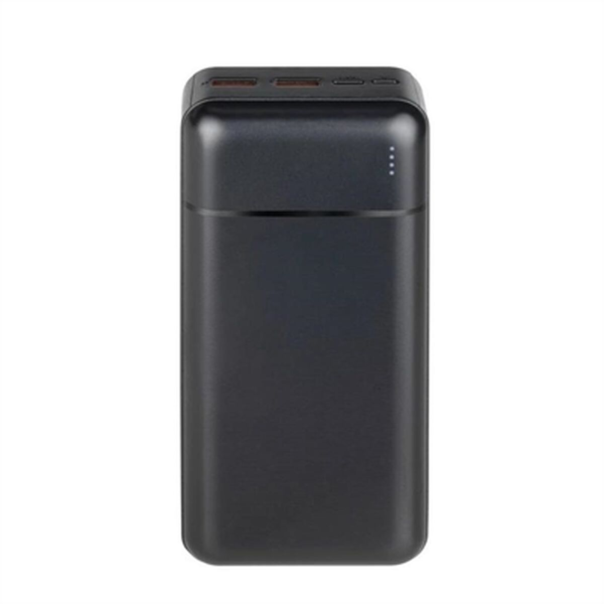 Un power bank nero rettangolare, con bordi arrotondati. Ha porte sulla parte superiore e spie luminose sul davanti.