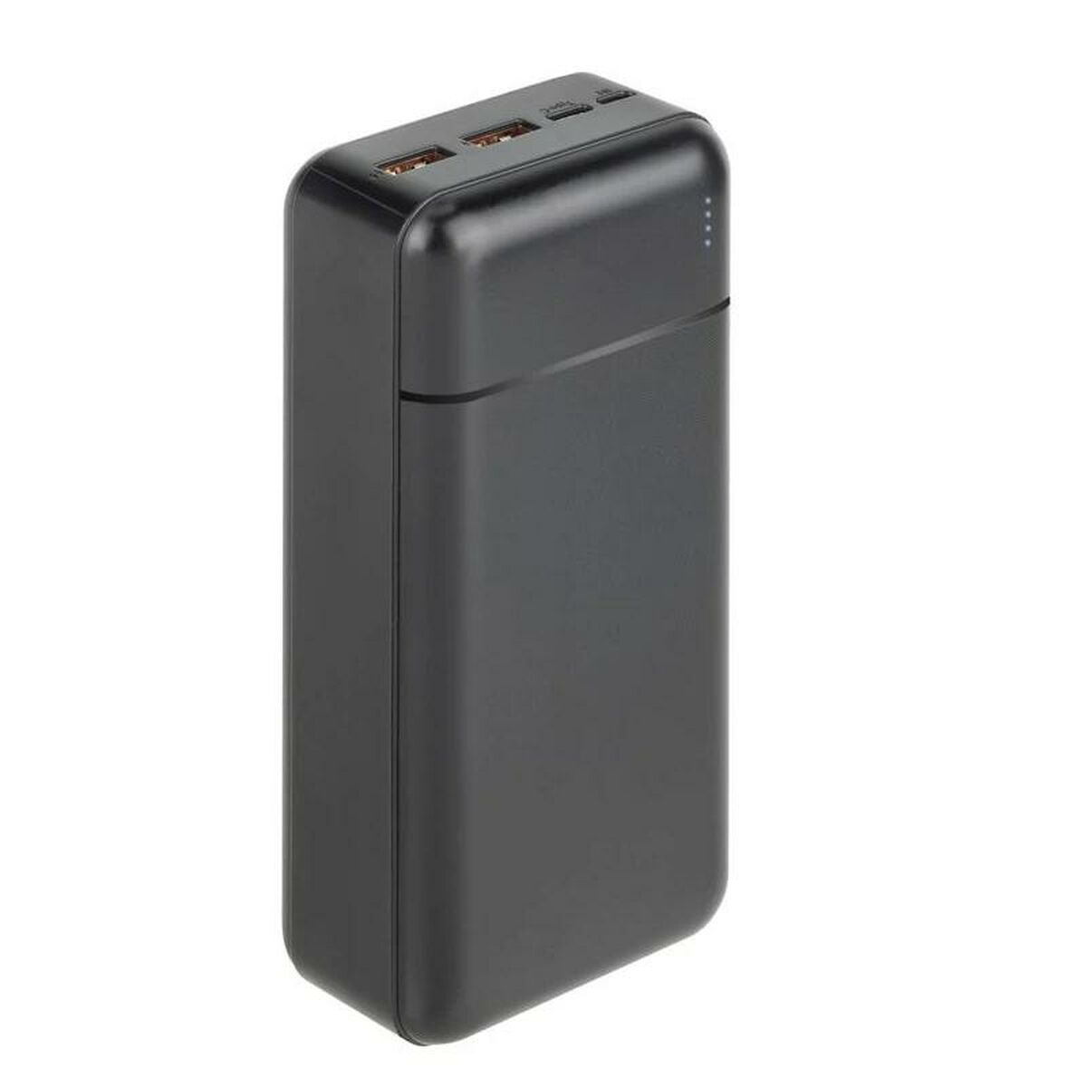 Un power bank nero rettangolare con bordi arrotondati. Ha porte in alto e spie laterali.
