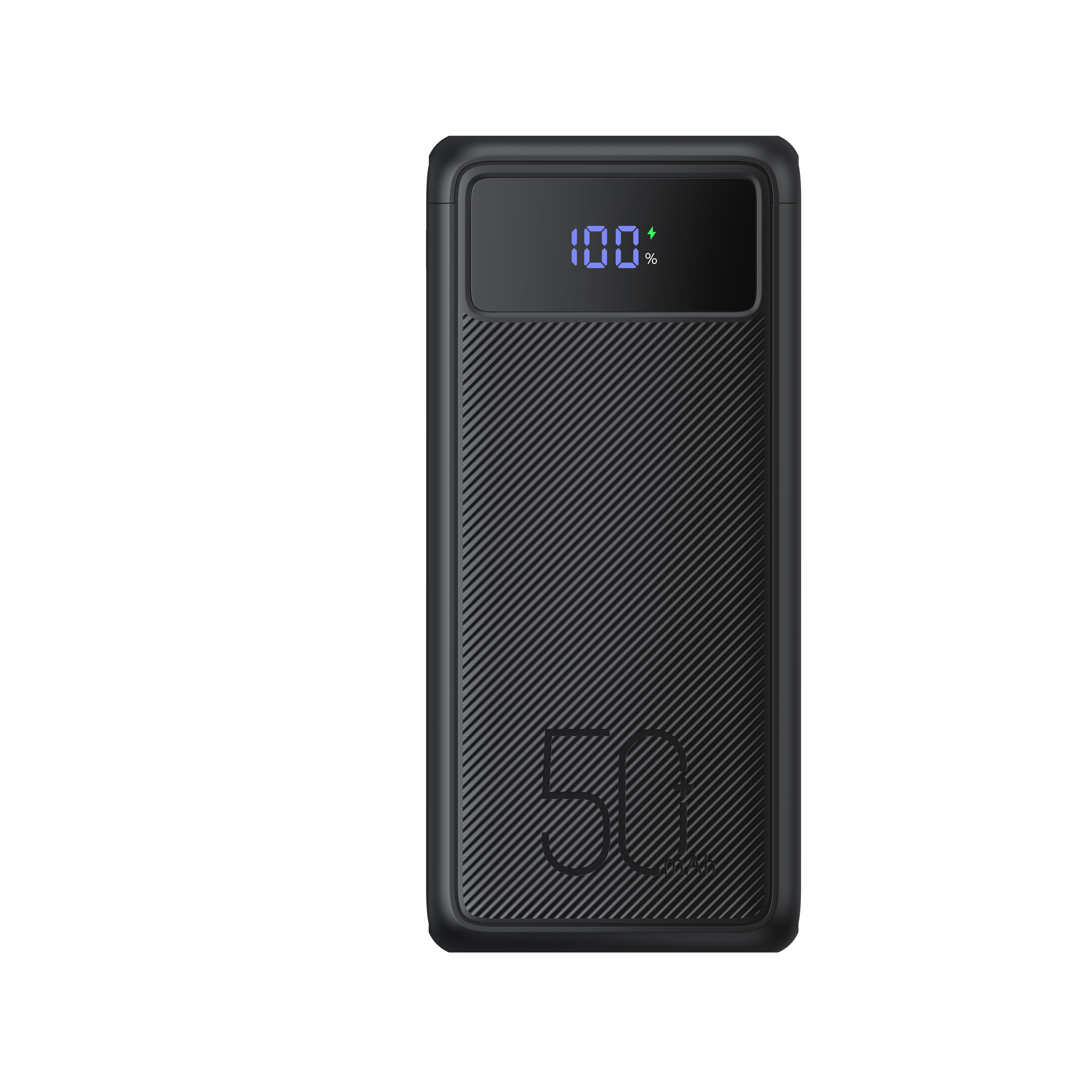 Power bank nero che mostra la carica al 100%. Ha una superficie a coste e il numero 50.