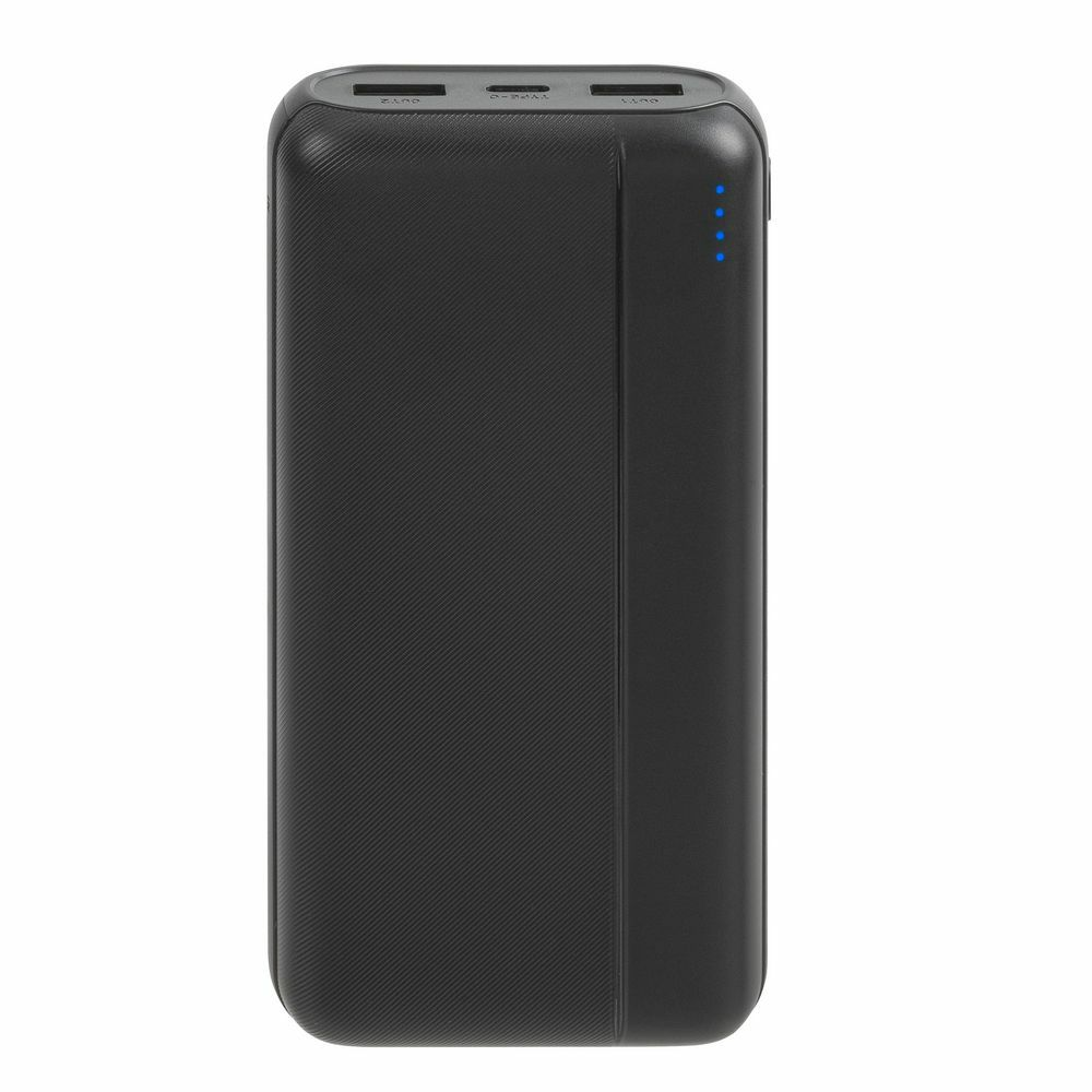 Un power bank nero con superficie strutturata. La parte superiore ha porte etichettate. Indicatori blu laterali.
