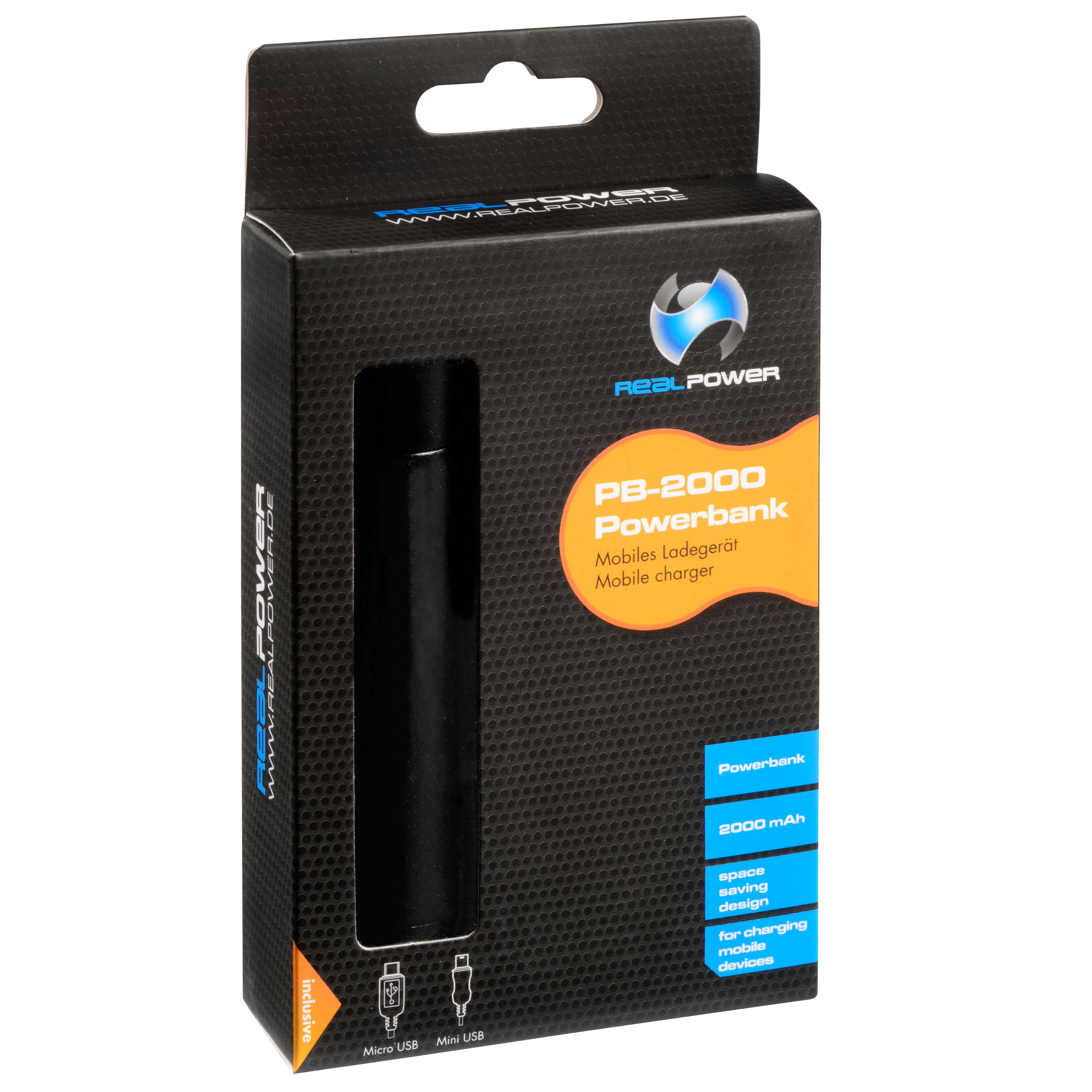 Schwarze Powerbank in einer Real Power-Box, mit orangefarbenem und blauem Text und USB-Anschlüssen, auf weißem Hintergrund.