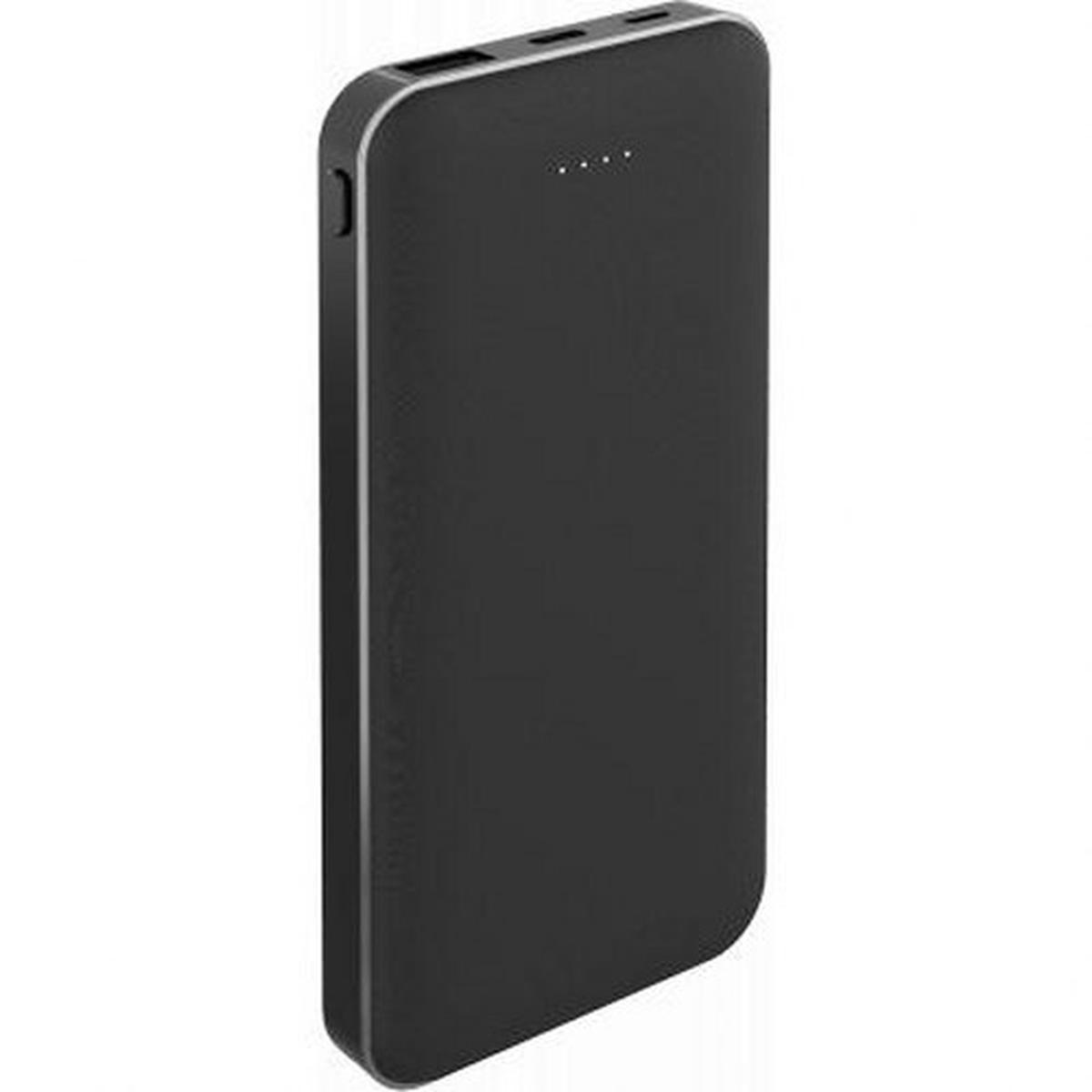 Un power bank nero con finiture argentate. Ha spie luminose e porte di ricarica. Lo sfondo è bianco.