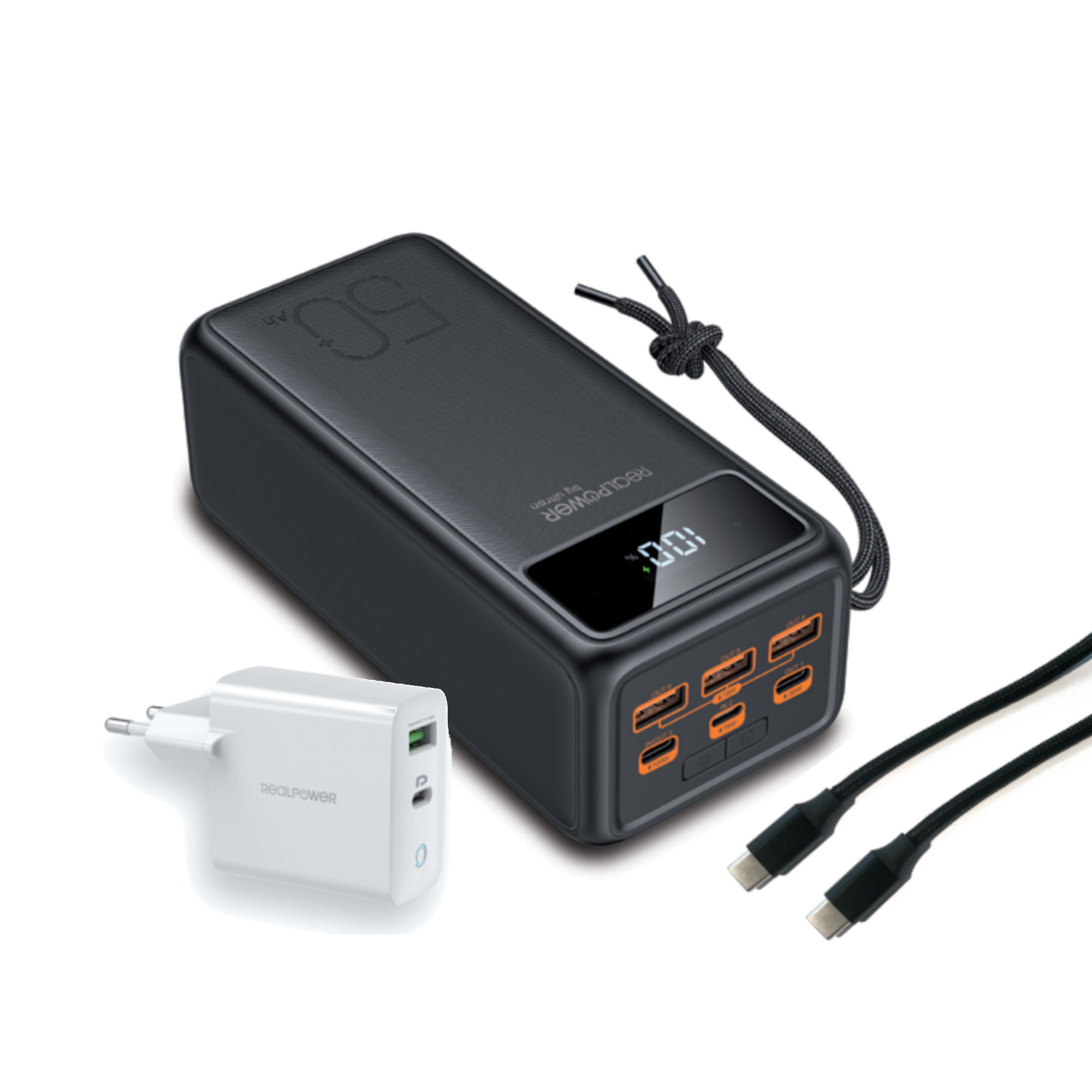 Un power bank nero con un caricatore bianco e due cavi neri. La banca mostra il 100%.