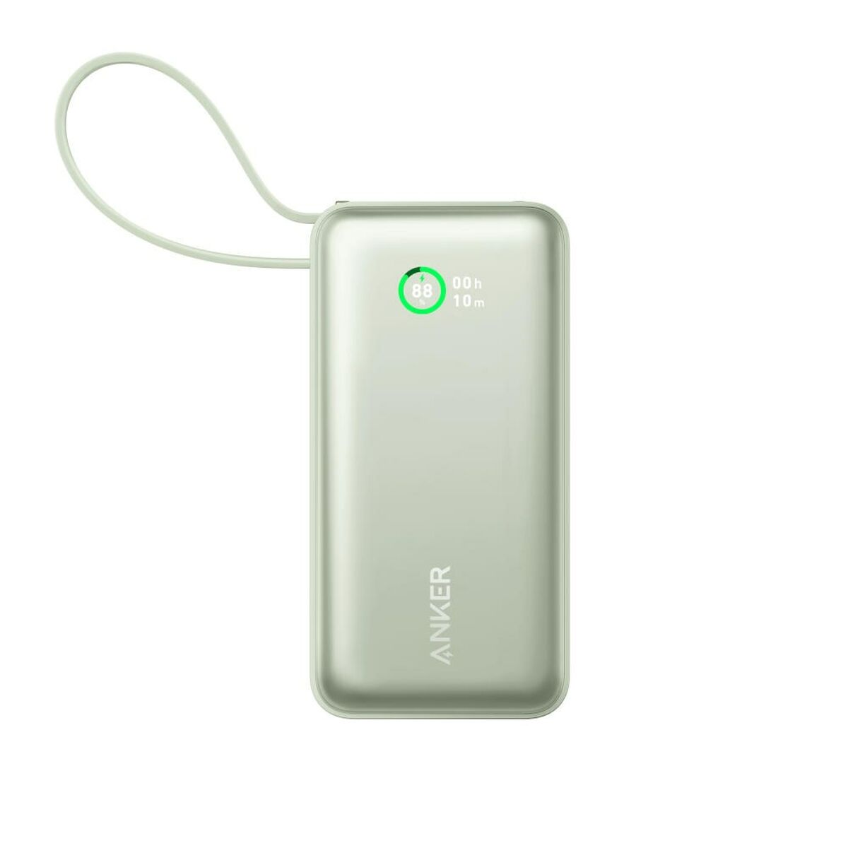 Un power bank Anker verde chiaro con un anello. Mostra l'88% di batteria, 00h 10m. Lo sfondo è bianco.