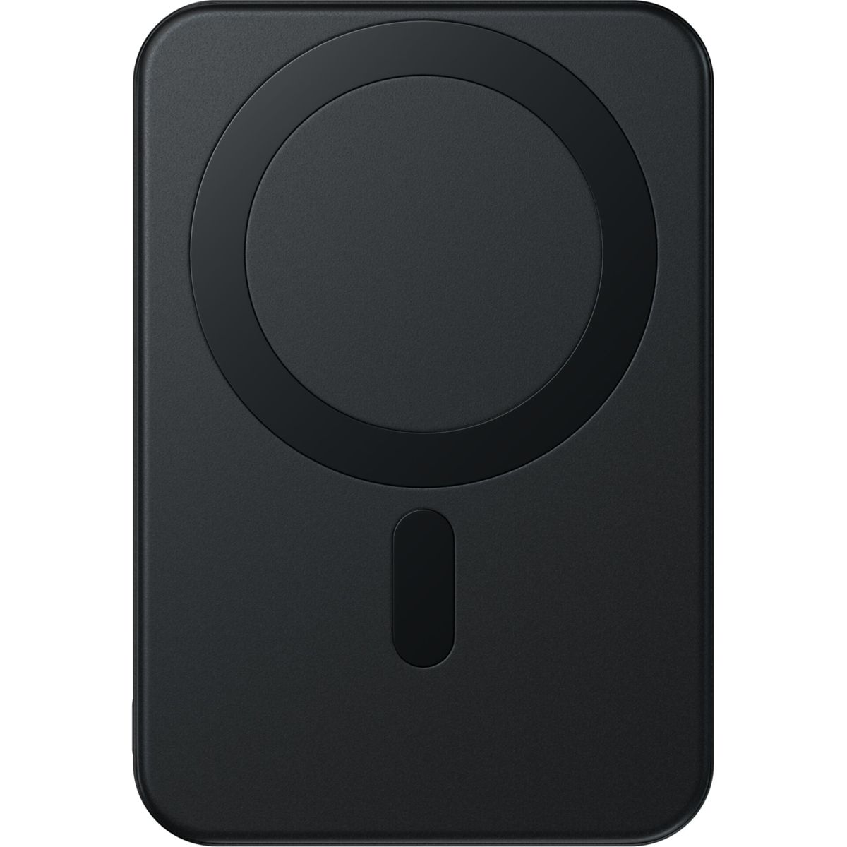 Un caricatore MagSafe rettangolare nero. Ha un pad di ricarica circolare, un piccolo indicatore verticale e angoli arrotondati.