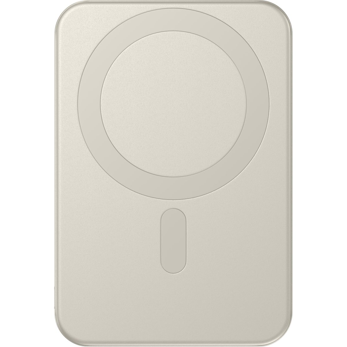 Un dispositivo rettangolare beige con un anello circolare e una piccola forma ovale verticale in basso.
