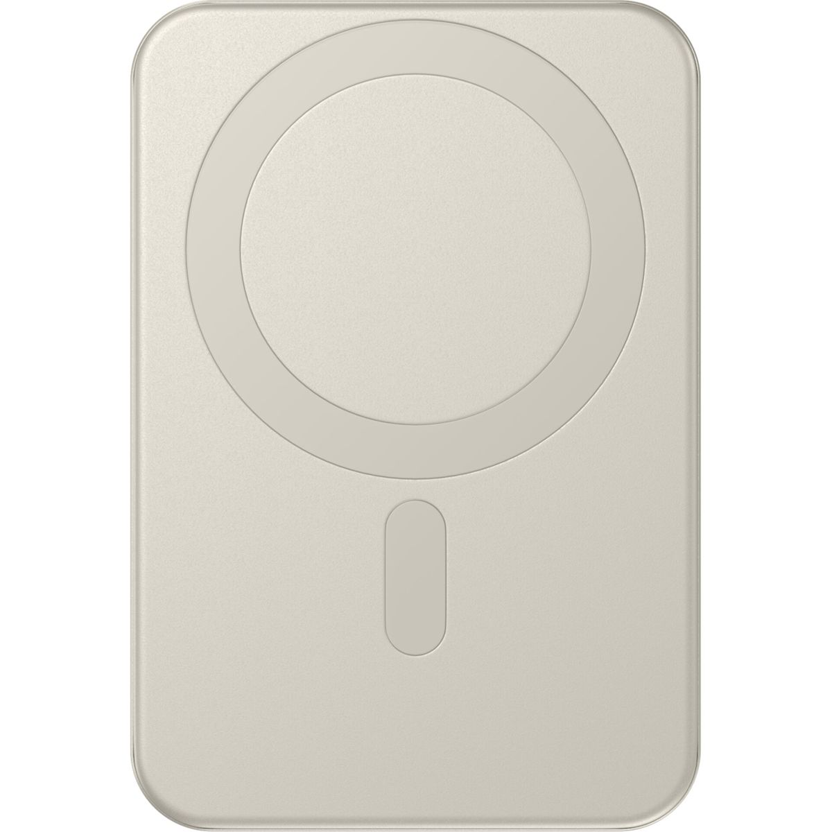 Un dispositivo rettangolare beige con un anello circolare e un piccolo ovale verticale in basso. Il dispositivo ha una finitura opaca.