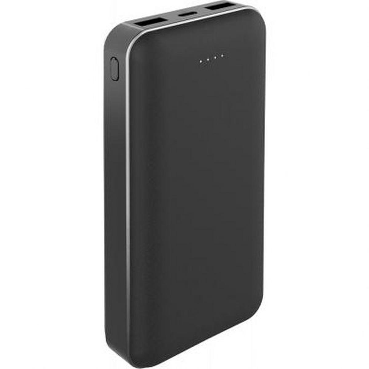 Un power bank nero con finiture argentate, con porte di ricarica e spie luminose in alto. Il dispositivo ha una forma rettangolare liscia.