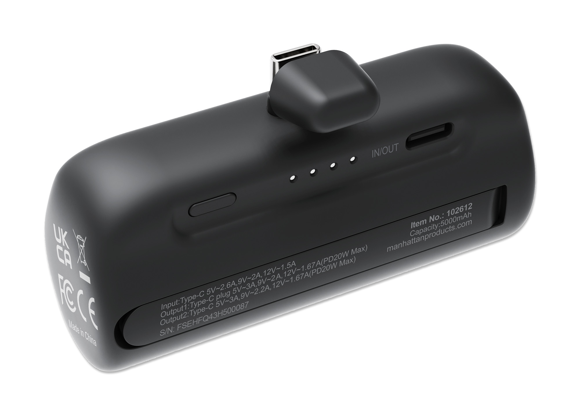 Un power bank nero con connettore USB-C. Ha una porta IN/OUT e spie luminose. Il testo include le specifiche dell'articolo e le informazioni del produttore.
