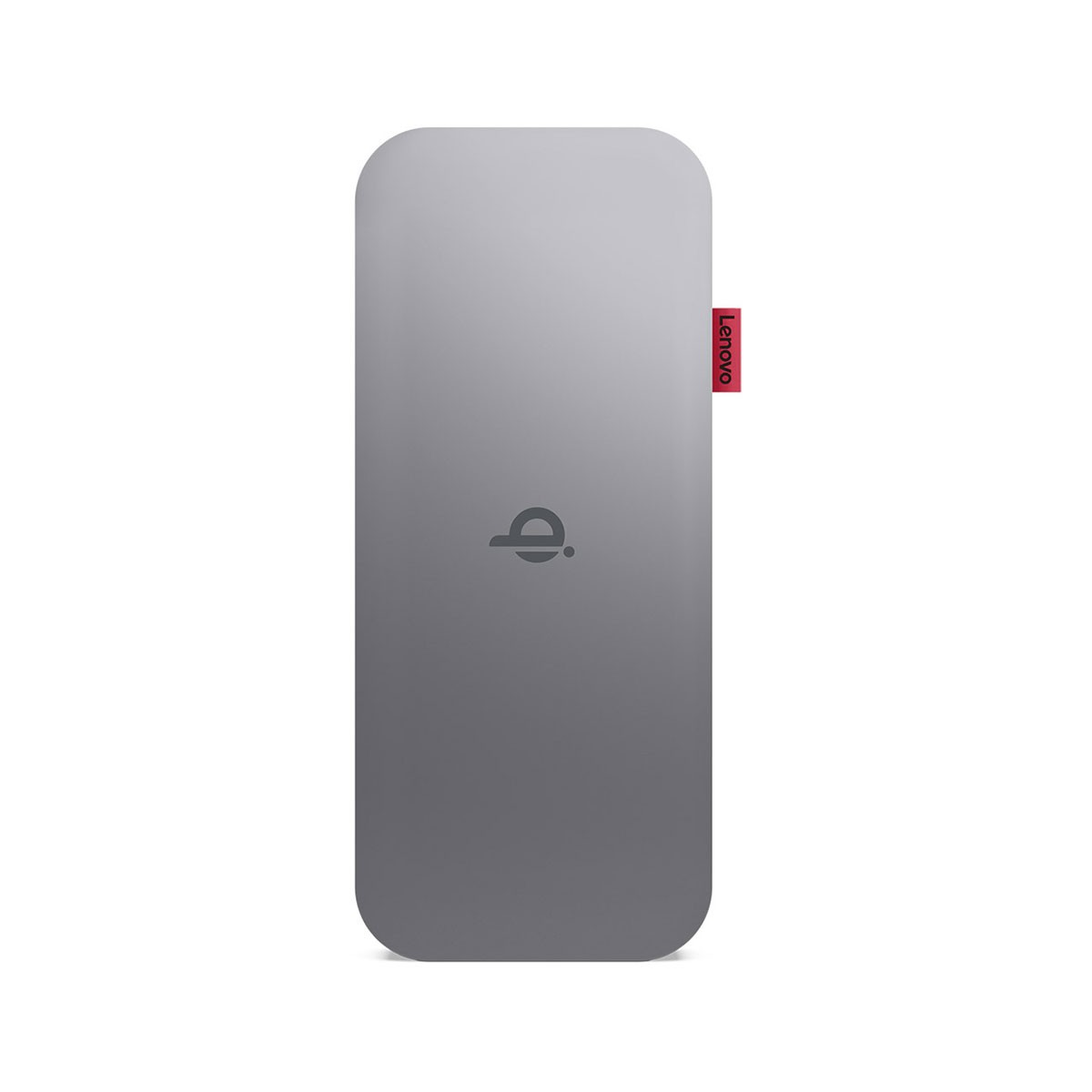 Una docking station Lenovo grigia. Ha una forma rettangolare arrotondata con il logo Lenovo rosso sul lato.