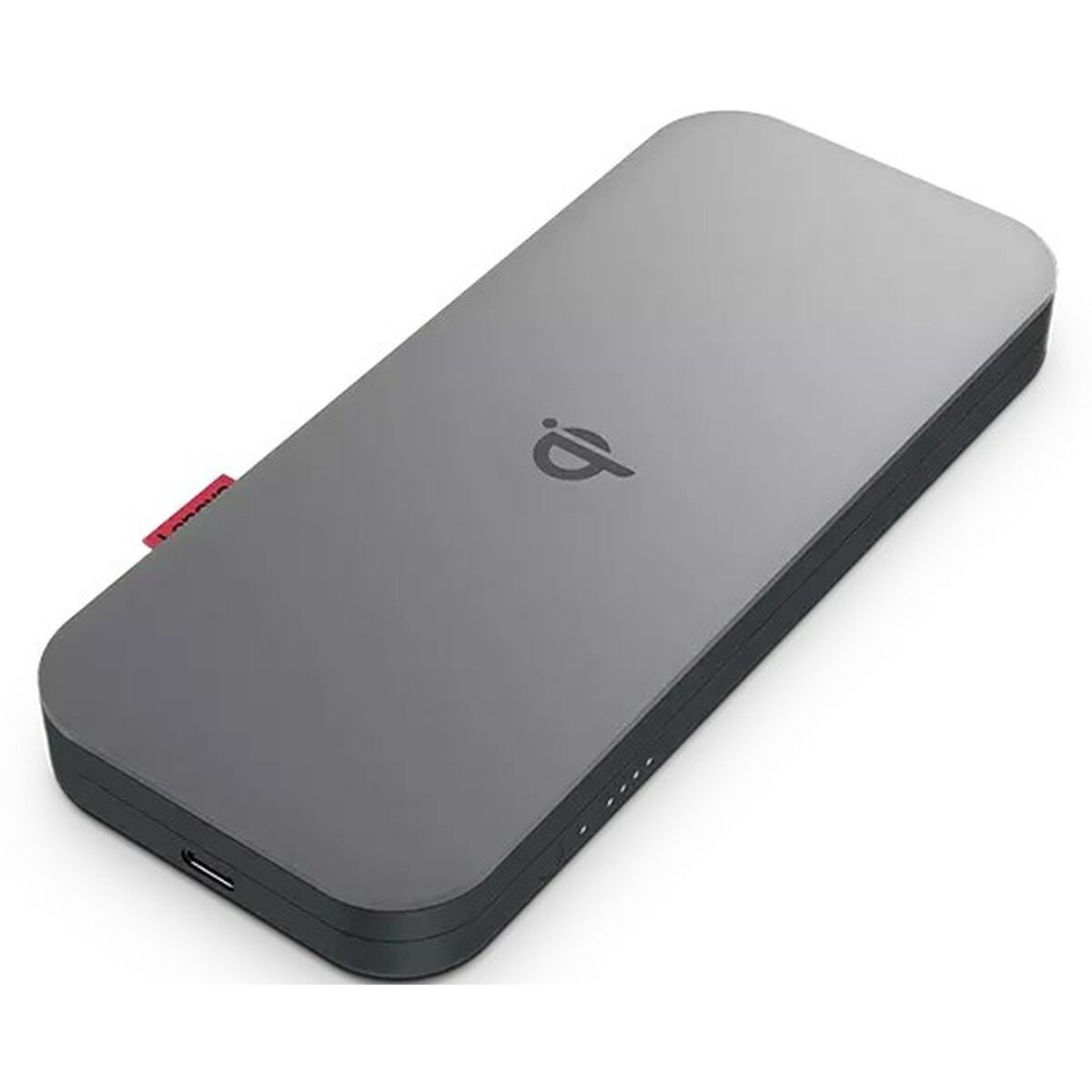 Un power bank di ricarica wireless Lenovo grigio. Ha un simbolo di ricarica wireless, un'etichetta Lenovo e quattro spie.