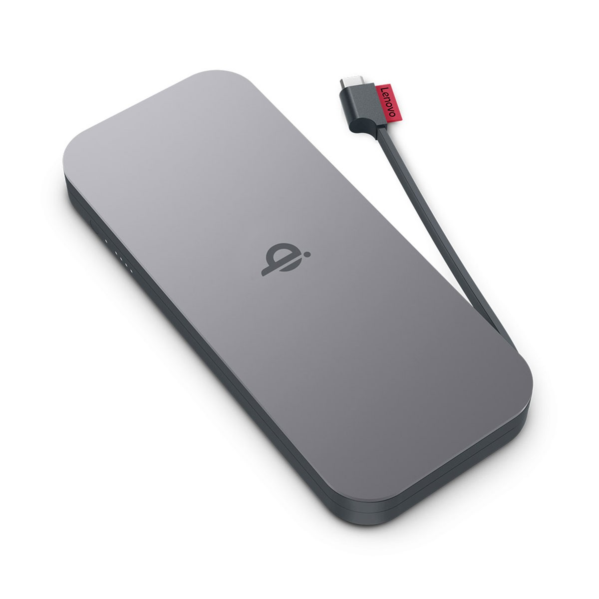 Un caricatore Lenovo grigio con cavo USB-C. Il pad ha un simbolo Qi e un bordo grigio scuro. Il cavo ha un'etichetta Lenovo rossa.