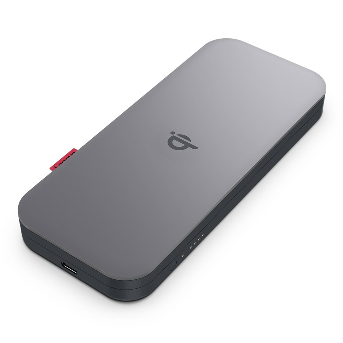 Un power bank Lenovo grigio con simbolo di ricarica wireless. Ha un'etichetta rossa Lenovo e una porta USB-C, su sfondo bianco.