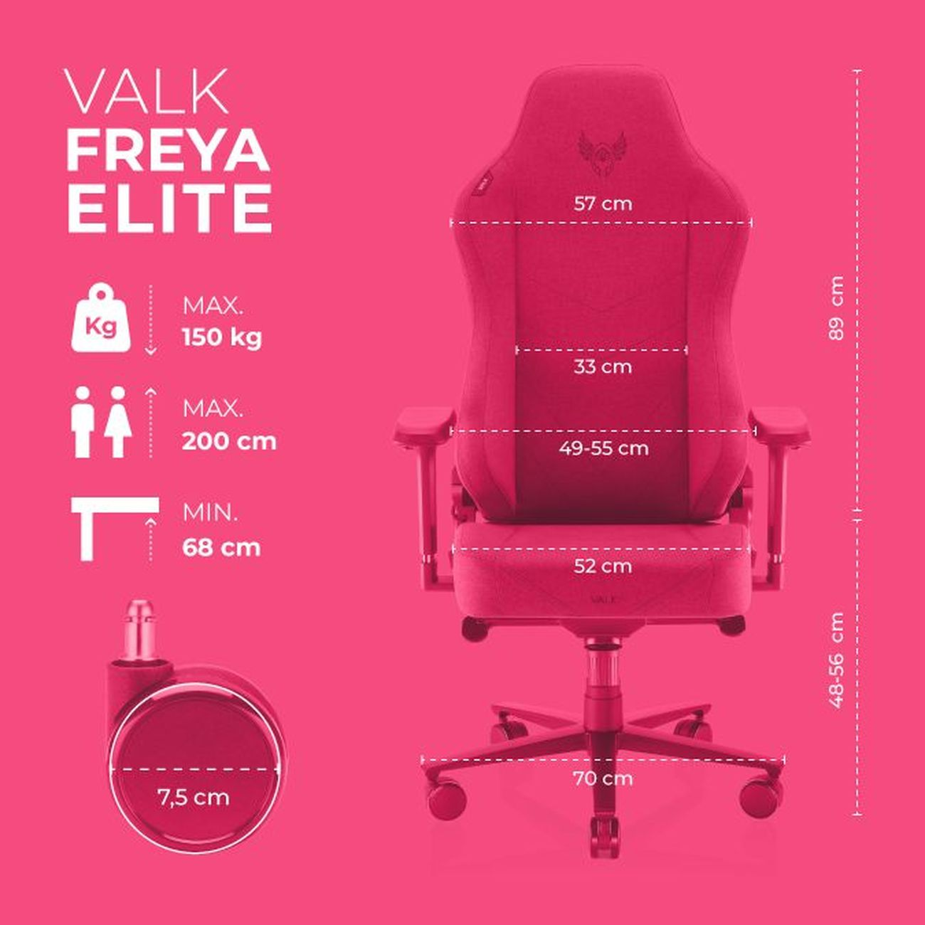 Silla gaming rosa con dimensiones mostradas. Tiene respaldo alto, reposabrazos y base de cinco estrellas. El texto muestra la marca y las especificaciones.