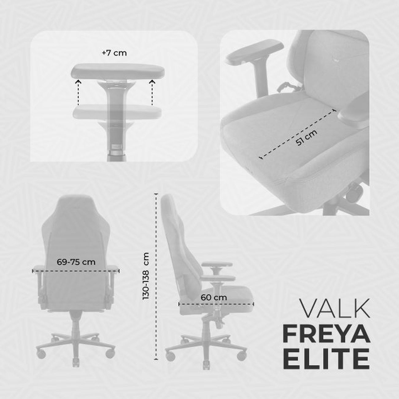 Diagrama de una silla gaming con dimensiones: altura 130-138 cm, ancho asiento 51 cm, ajuste reposabrazos +7 cm. Texto: VALK FREYA ELITE.