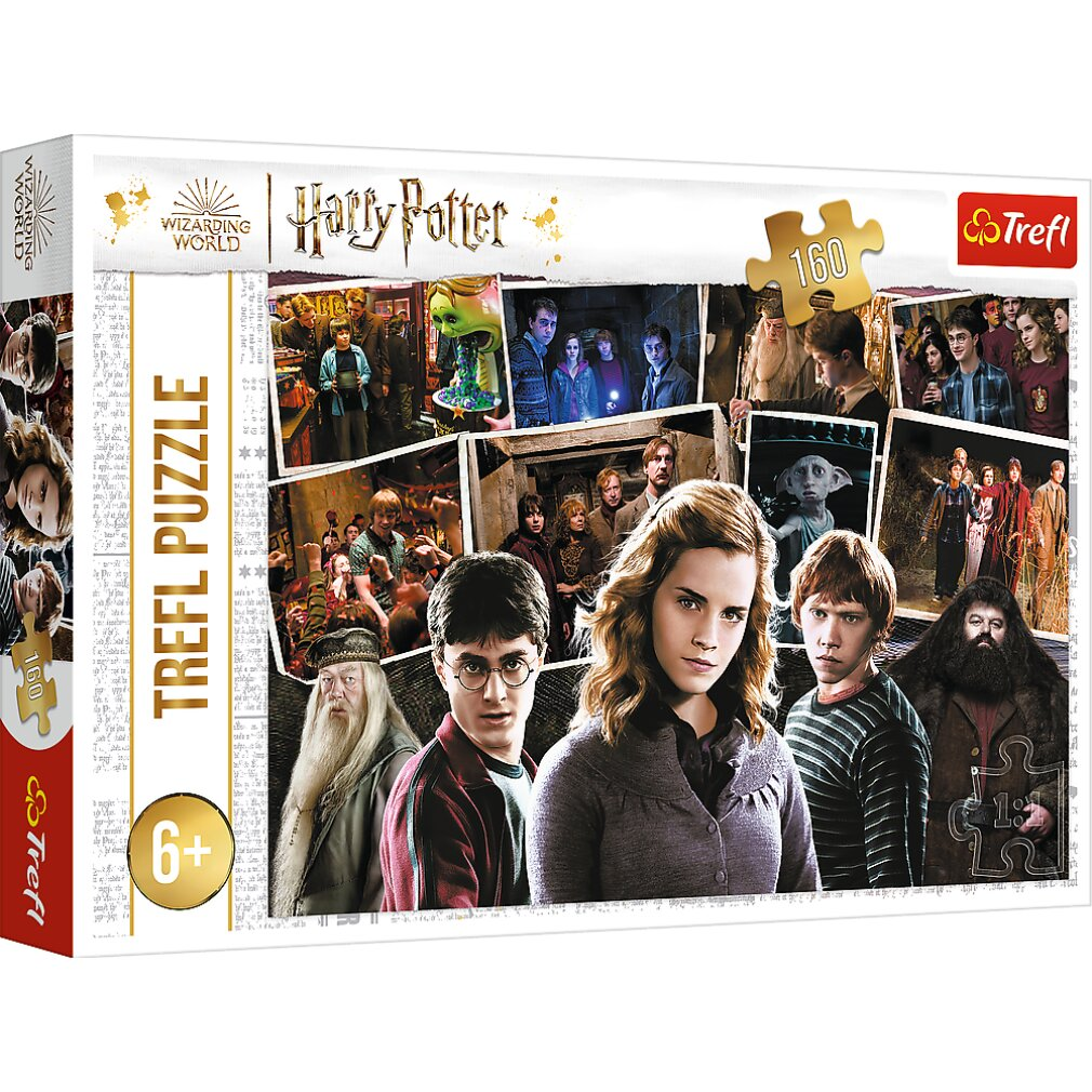 Scatola puzzle di Harry Potter. Presenta personaggi come Harry, Hermione, Ron e Silente, con varie scene. La scatola dice 160 pezzi.