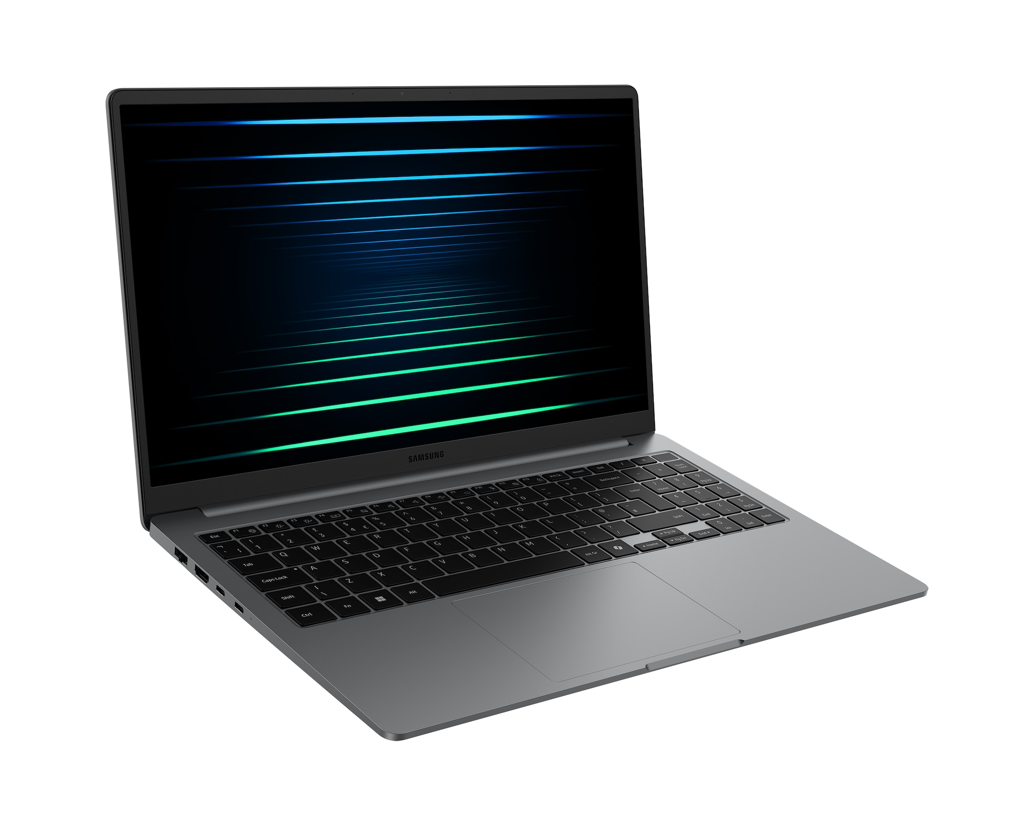 Un laptop Samsung grigio è angolato, aperto su una superficie bianca. Lo schermo mostra linee blu e verdi.