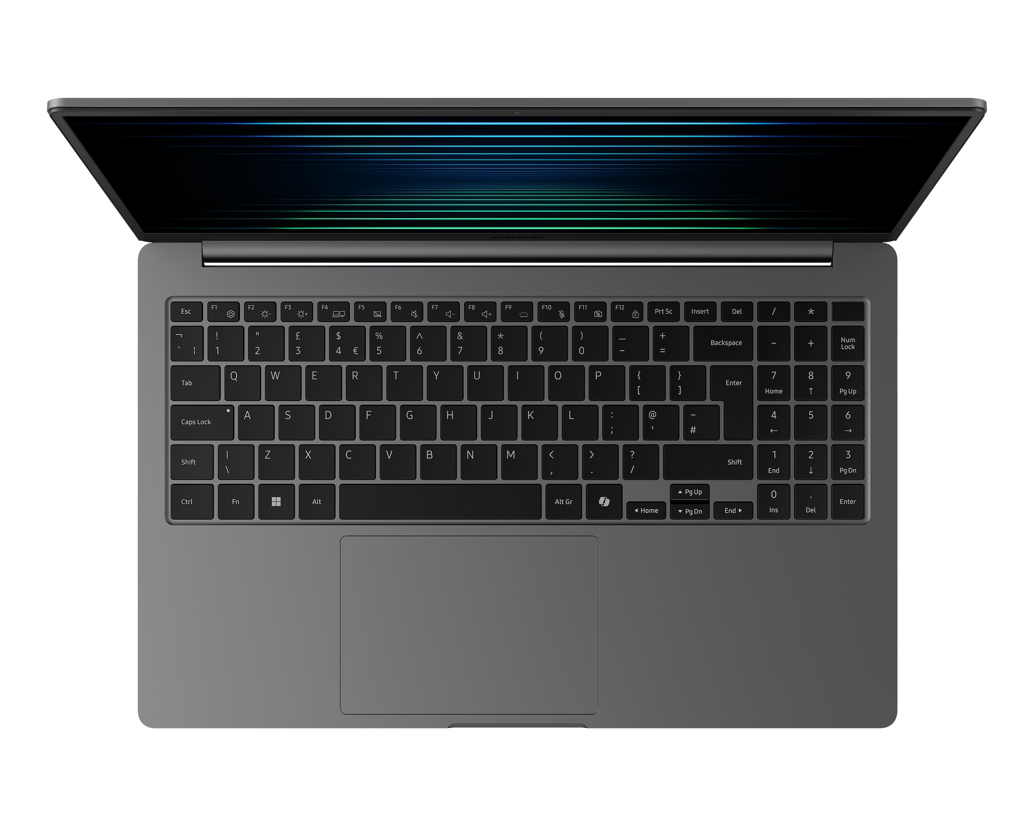 Laptop con schermo aperto, che mostra una sfumatura blu e verde. La tastiera è grigia.