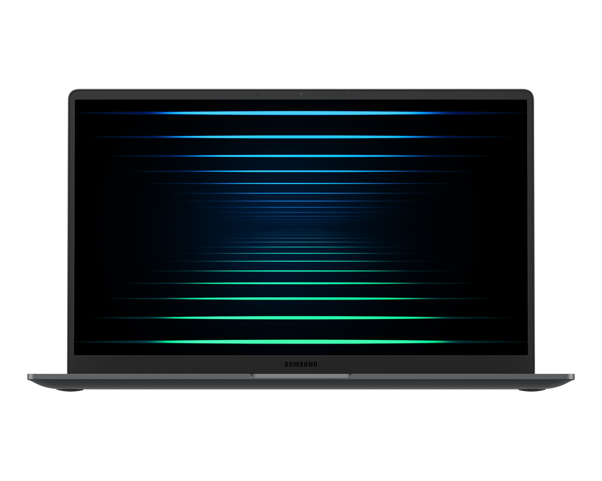 Un laptop con schermo nero che mostra una serie di linee orizzontali blu e verdi. Il laptop è su sfondo bianco.