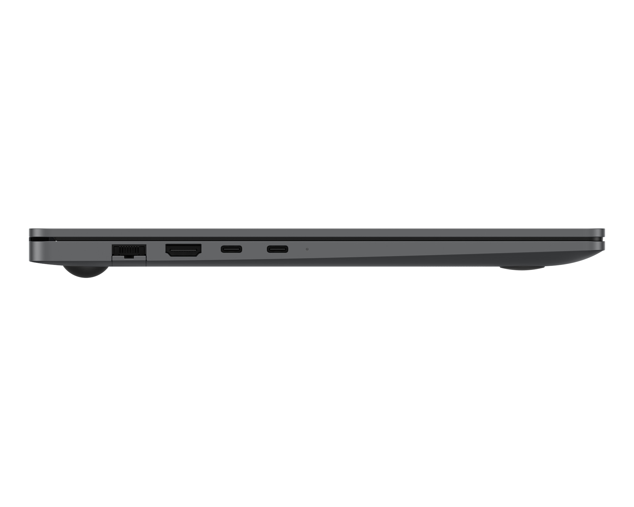 Vista laterale di un laptop grigio con porte: Ethernet, HDMI, USB-C e alimentazione. Piede rotondo nero a sinistra.