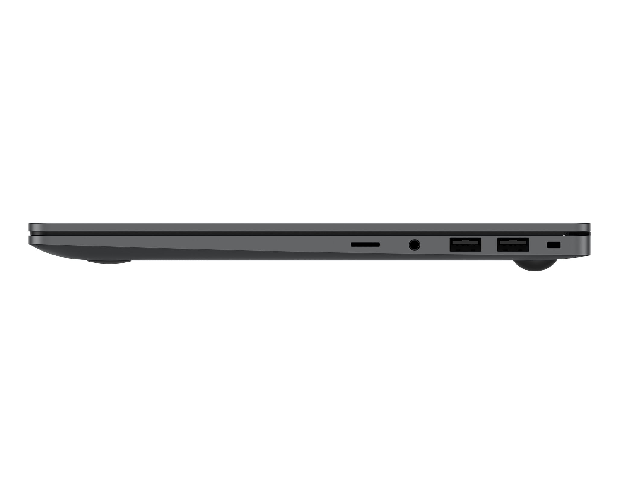 Vista laterale di un laptop grigio che mostra le porte, tra cui USB, audio e alimentazione. Il laptop è su sfondo bianco.