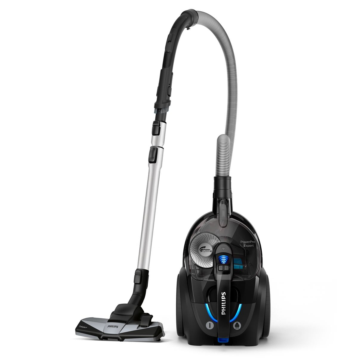 Una aspiradora Philips negra. Tiene un tubo plateado y una manguera gris. La aspiradora está sobre un fondo blanco.