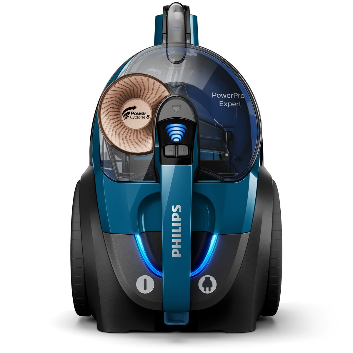 Una aspiradora Philips PowerPro Expert. Tiene un cuerpo azul y negro, con plástico transparente en la parte superior. Tiene el logo de Philips.