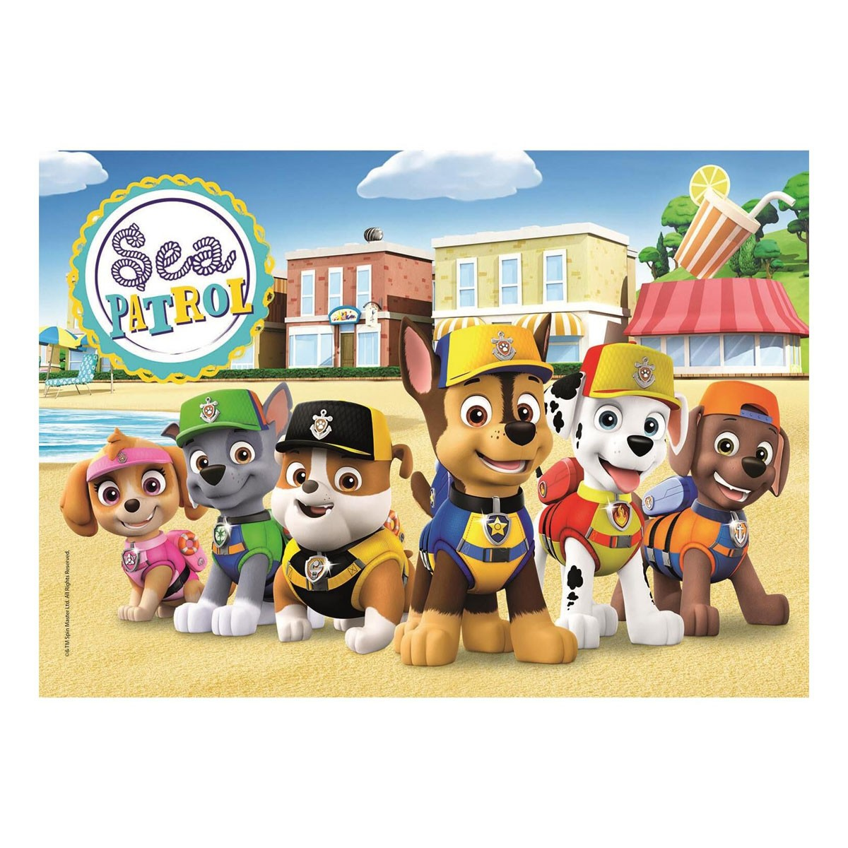 Postacie Psiego Patrolu stoją na piasku. Budynki i napój w tle. Niebo jest niebieskie z chmurami.