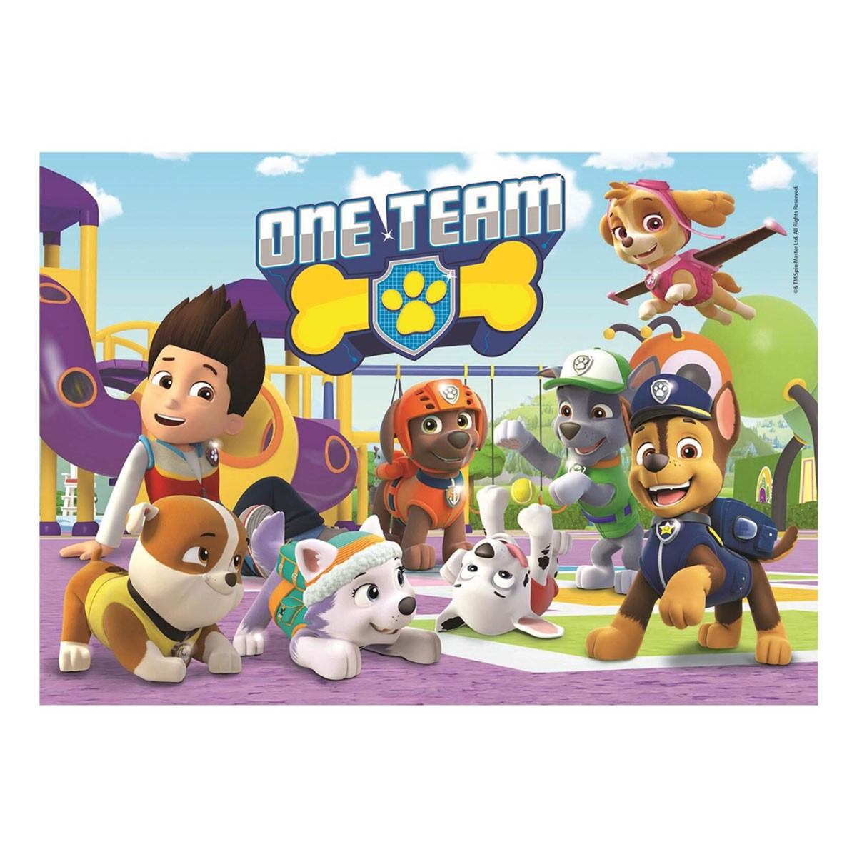 Postacie z Psiego Patrolu na placu zabaw. Ryder i szczeniaki: Chase, Marshall, Rubble, Skye, Rocky, Zuma i Everest.