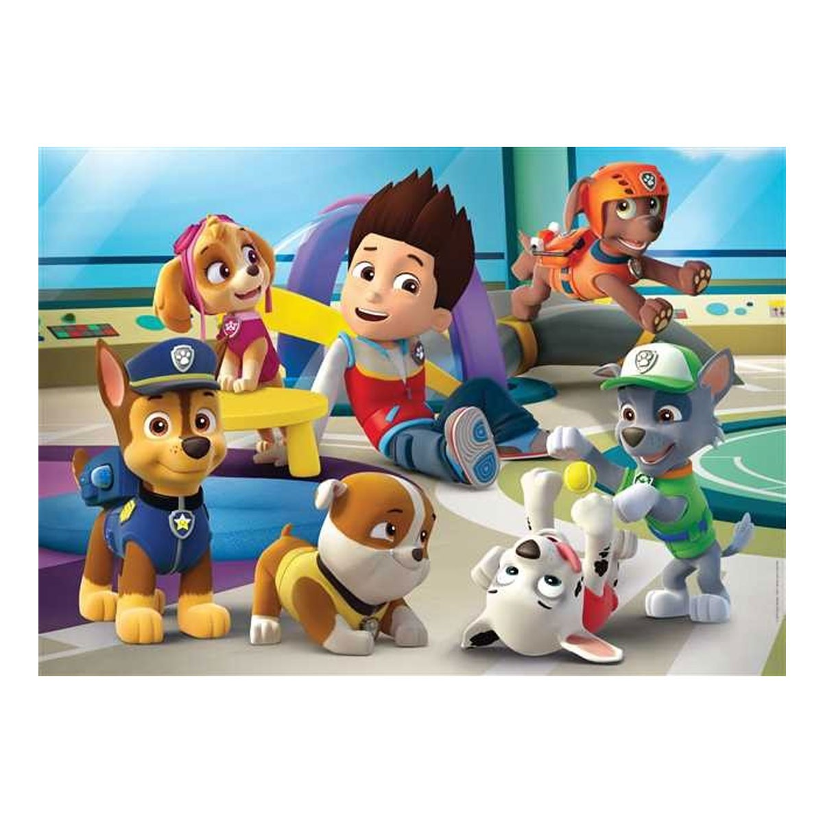 A cartoon image of Paw Patrol characters: Chase, Marshall, Skye, Rocky, Rubble, and Ryder.