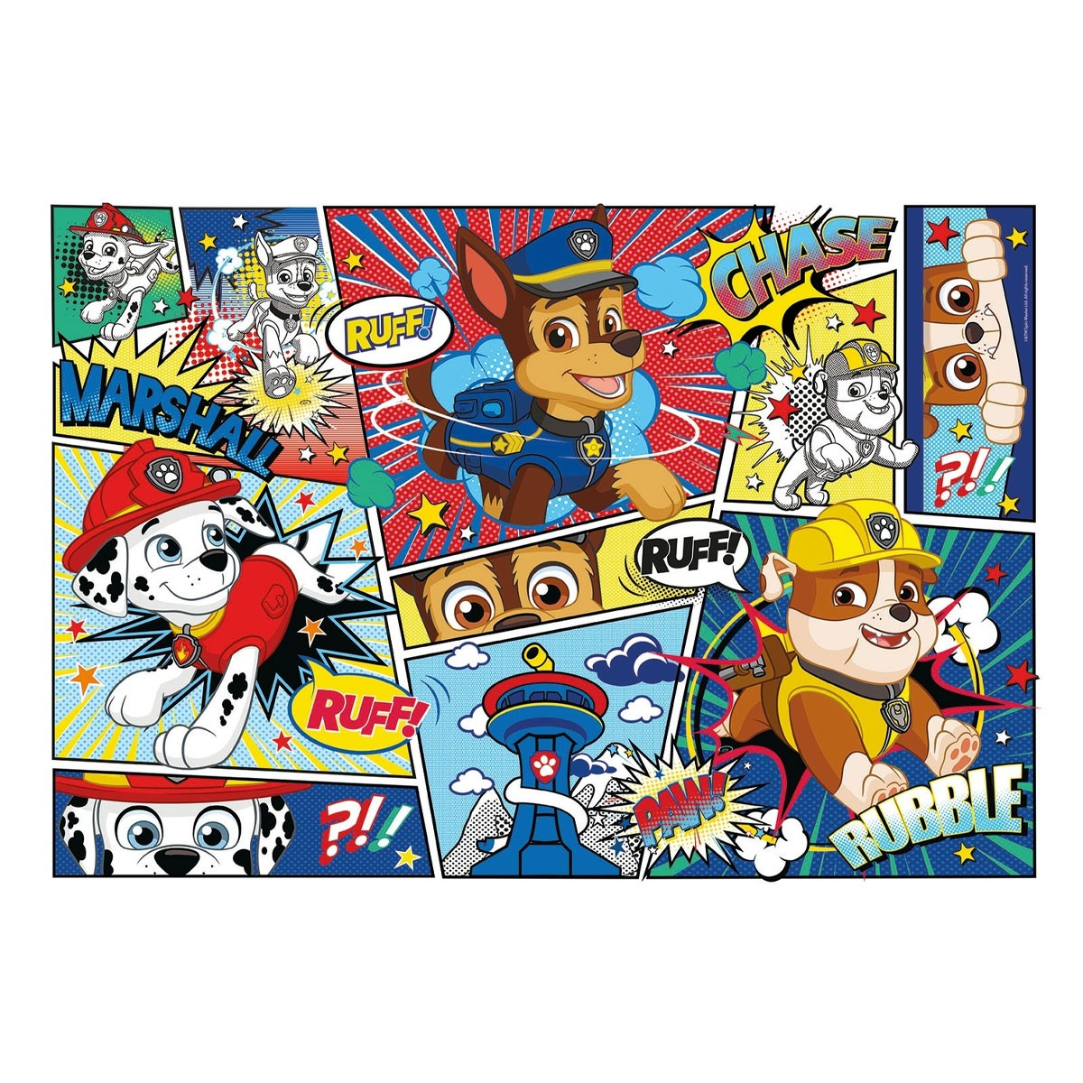 Obraz w stylu komiksowym Psiego Patrolu z Marshallem, Chasem i Rubblem. Dymki mówią 'Ruff!' i inne słowa, na kolorowym tle.