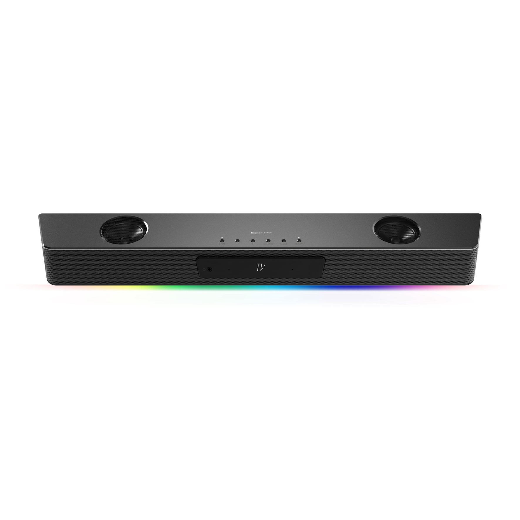 Een soundbar met twee luidsprekers, knoppen en een tv-ingang. Het heeft een zwarte behuizing met gekleurde lampjes.