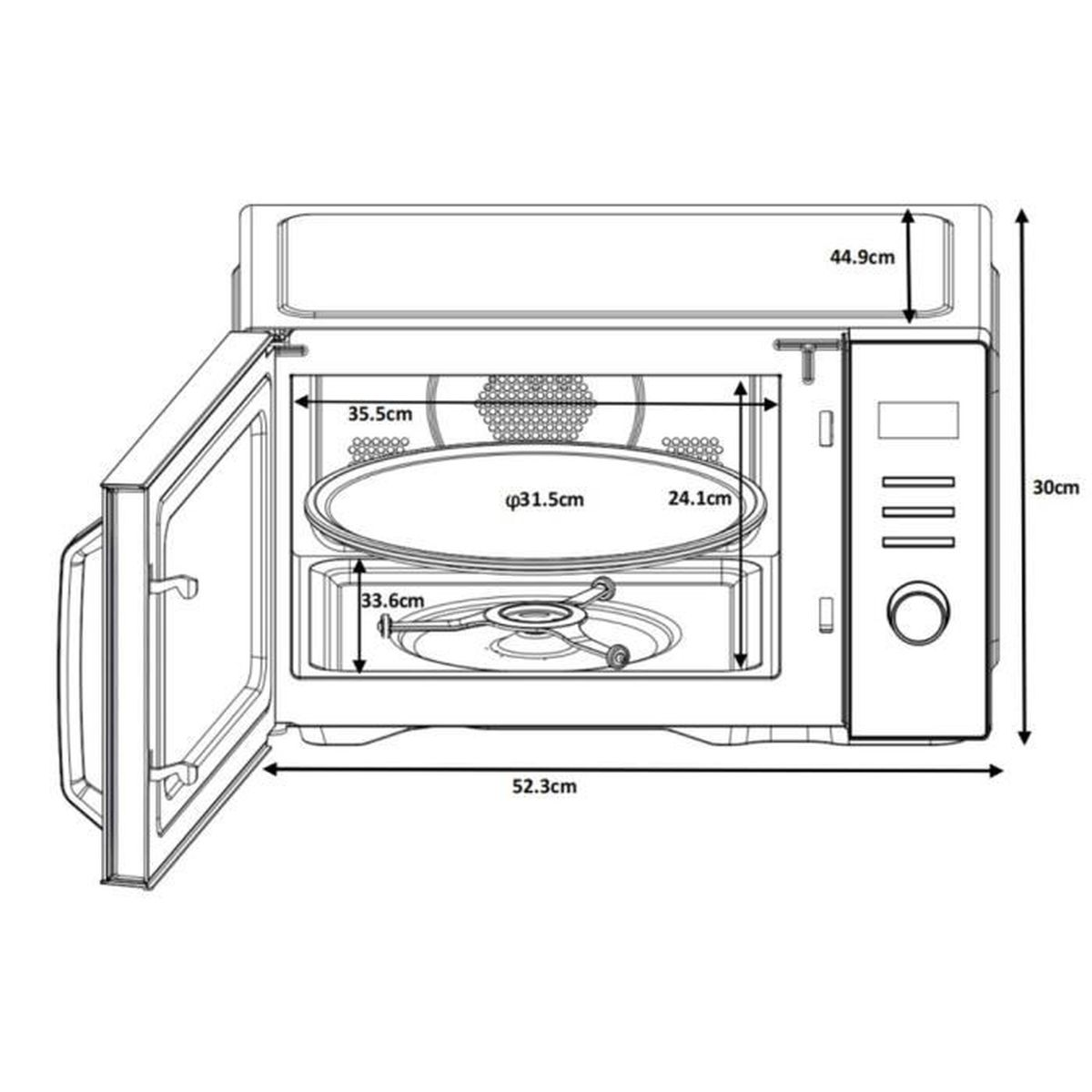 Eine schematische Darstellung eines Mikrowellenherds, Tür geöffnet, mit Abmessungen: 52,3 cm breit, 30 cm hoch. Innendetails und Maße sind ebenfalls angegeben.
